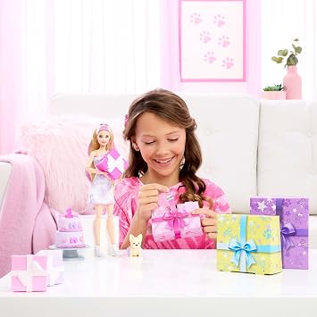 10 surprises including Barbie Party Pack dolls and accessories, My Little Friend's Birthday series Birthday Bows set and cake decorating event with color change, JFG70