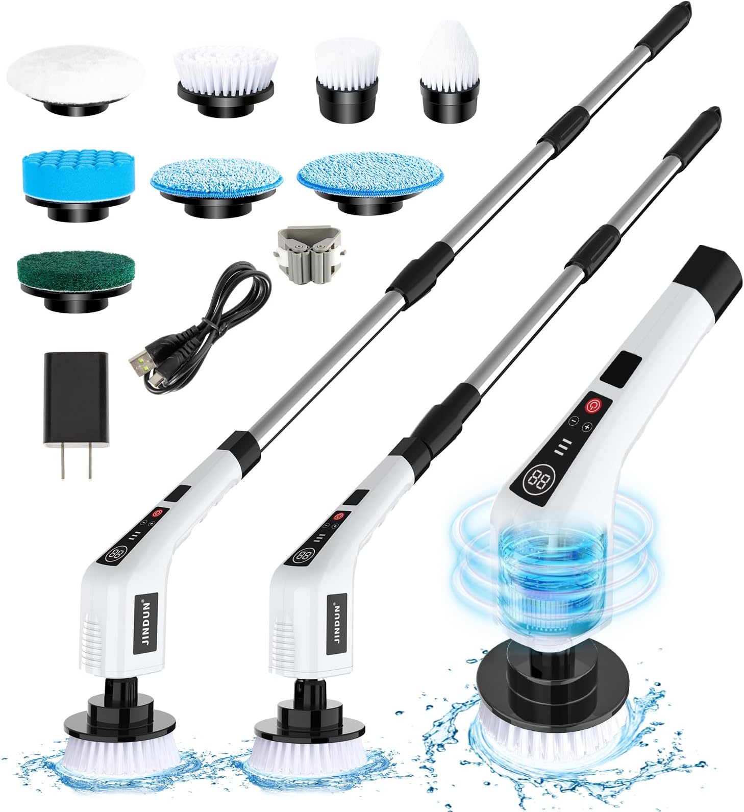 JINDUNElectric Spin Scrubber, Cordless Shower Cleaning Brush, 8 Replaceable Brush Heads, 3 Adjustable Speeds, Power LCD Display, Adjustable Extension Handle, IPX6 Waterproof for Bathroom Kitchen