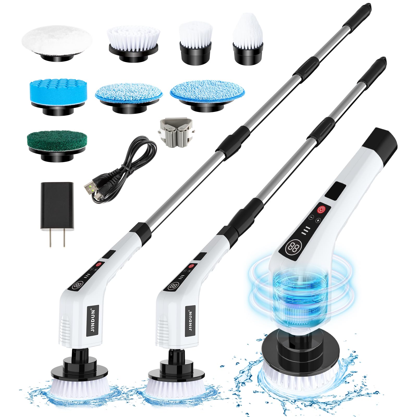 JINDUNElectric Spin Scrubber, Cordless Shower Cleaning Brush, 8 Replaceable Brush Heads, 3 Adjustable Speeds, Power LCD Display, Adjustable Extension Handle, IPX6 Waterproof for Bathroom Kitchen