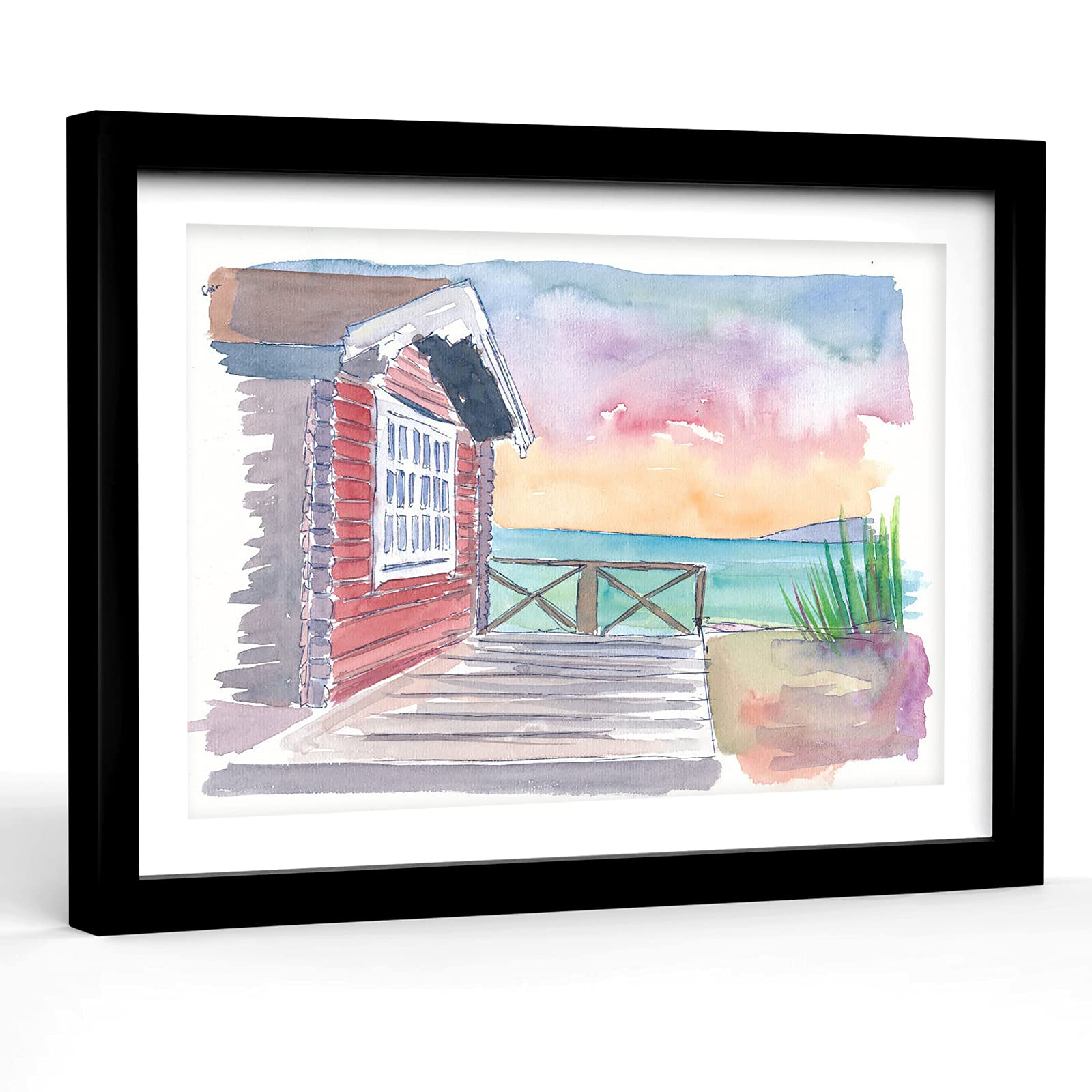 Teen Bedroom Decor city decor for bedroom home office decor blue canvas wall art abstract canvas wall art Midsummer Cosy Hygge Hut with Sea 8''x12''inch wood Framed Plexiglass Modern Canvas Wall Art