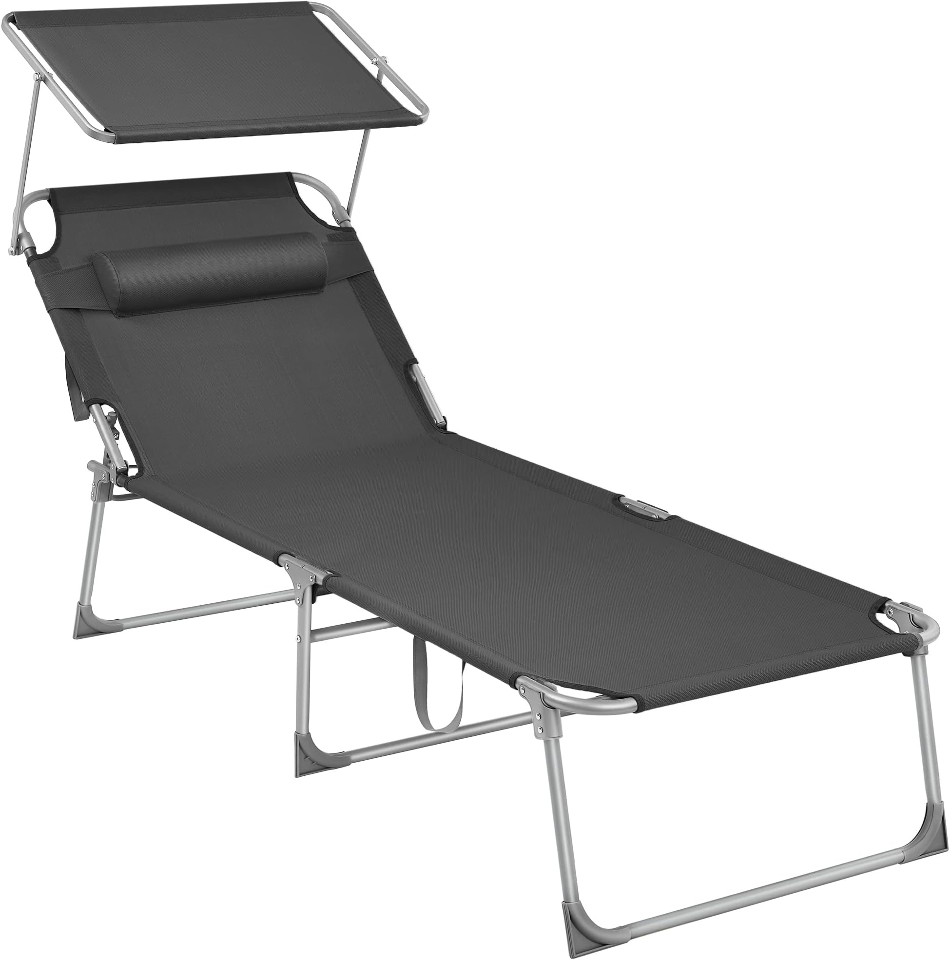 GCB22GYV2 Large Folding Sun Lounger, Sun Lounger, 200 x 71 x 38 cm, Load Capacity 150 kg, with Sun Shade and Reclining Backrest for Garden, Pool, Terrace, Dark Grey