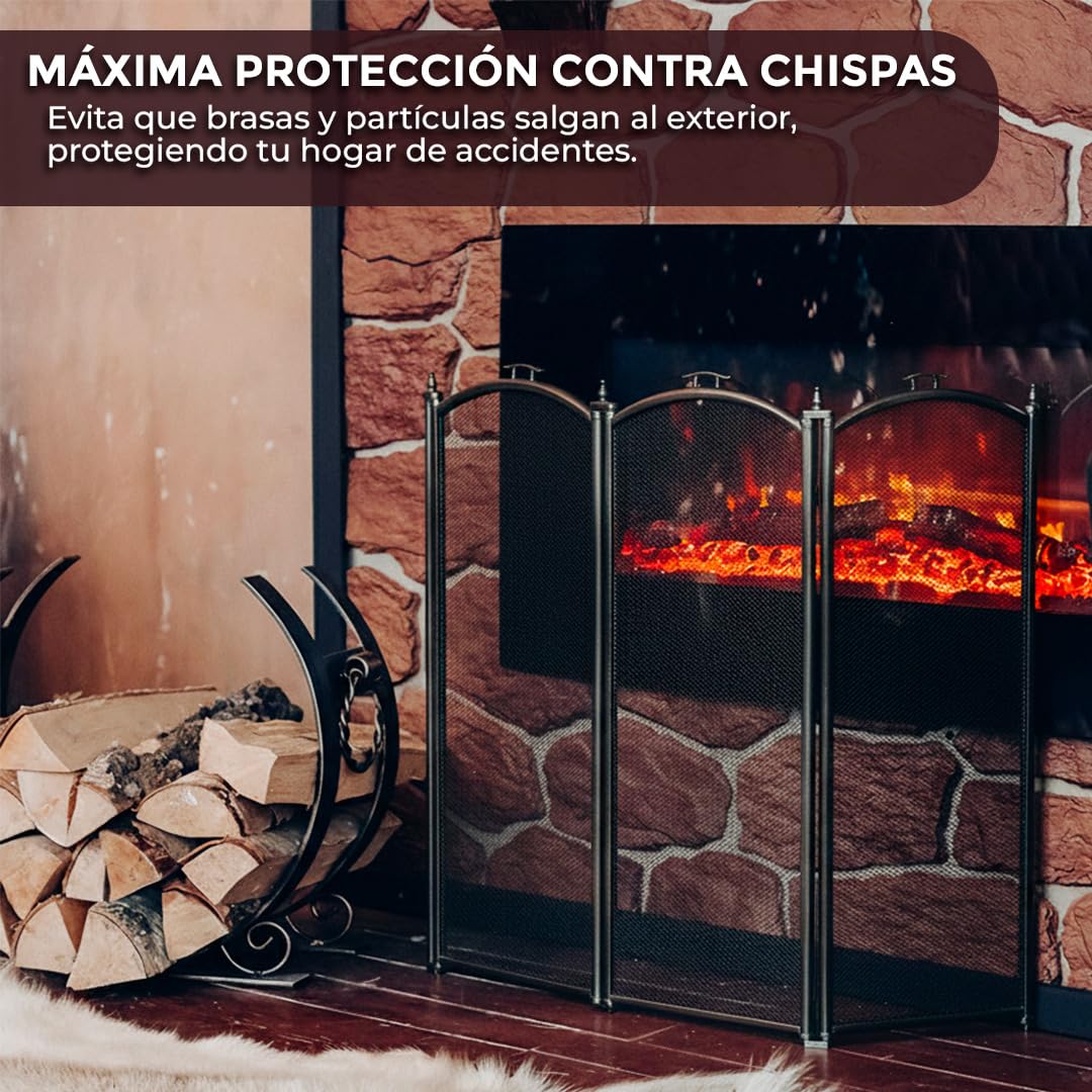 HERSIG- Protector Chimenea - Salvachispas Chimenea leña | Antichispas para Chimeneas de Leña - Rejilla Chimeneas Leña y Estufas - Plegable - 3 Hojas - 96,5 x 61 cm Diseño Decorado