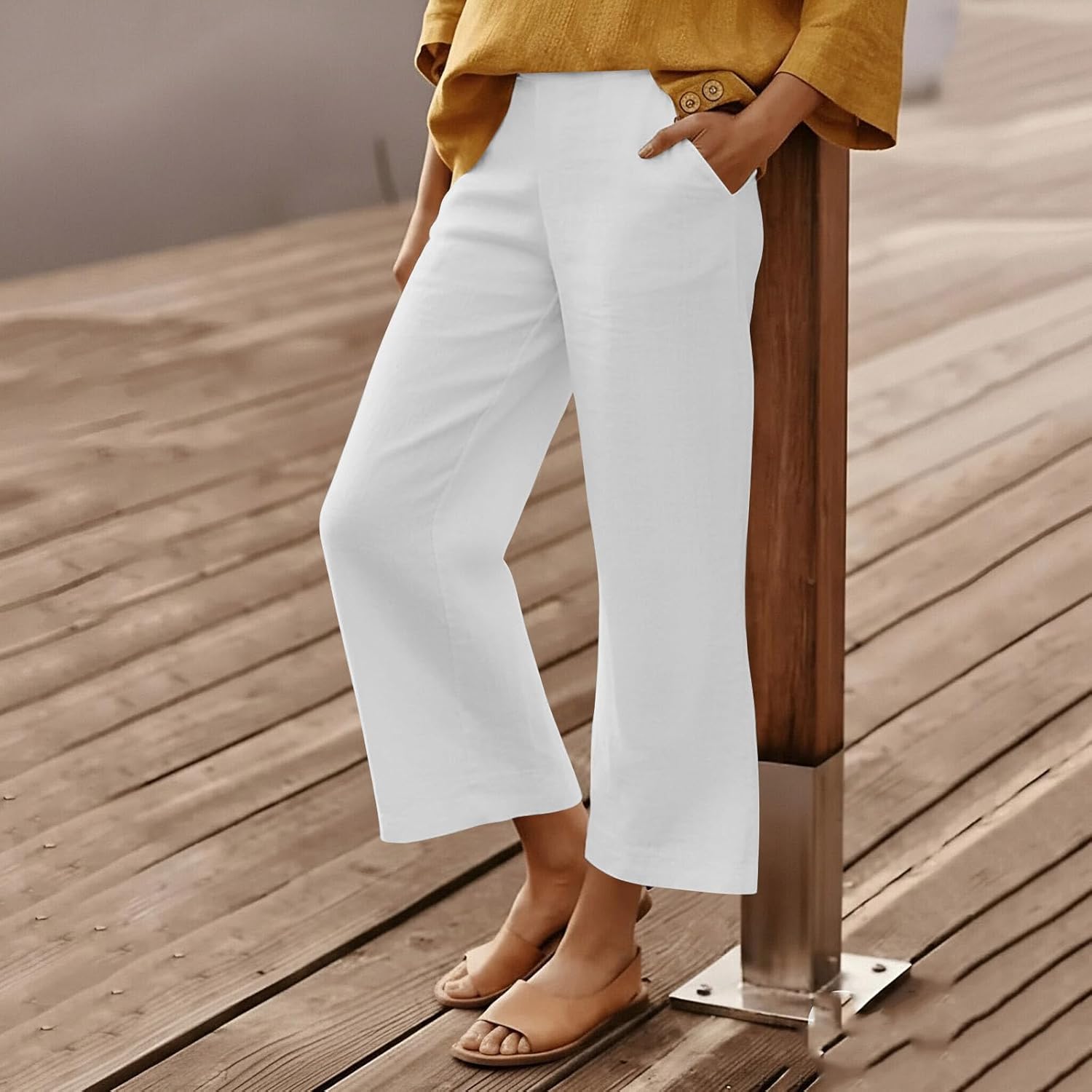 Womens Wide Leg Palazzo Pants 2026 High Waisted Casual Flowy Capri Pants Summer Beach Trousers with Pockets - Image 7