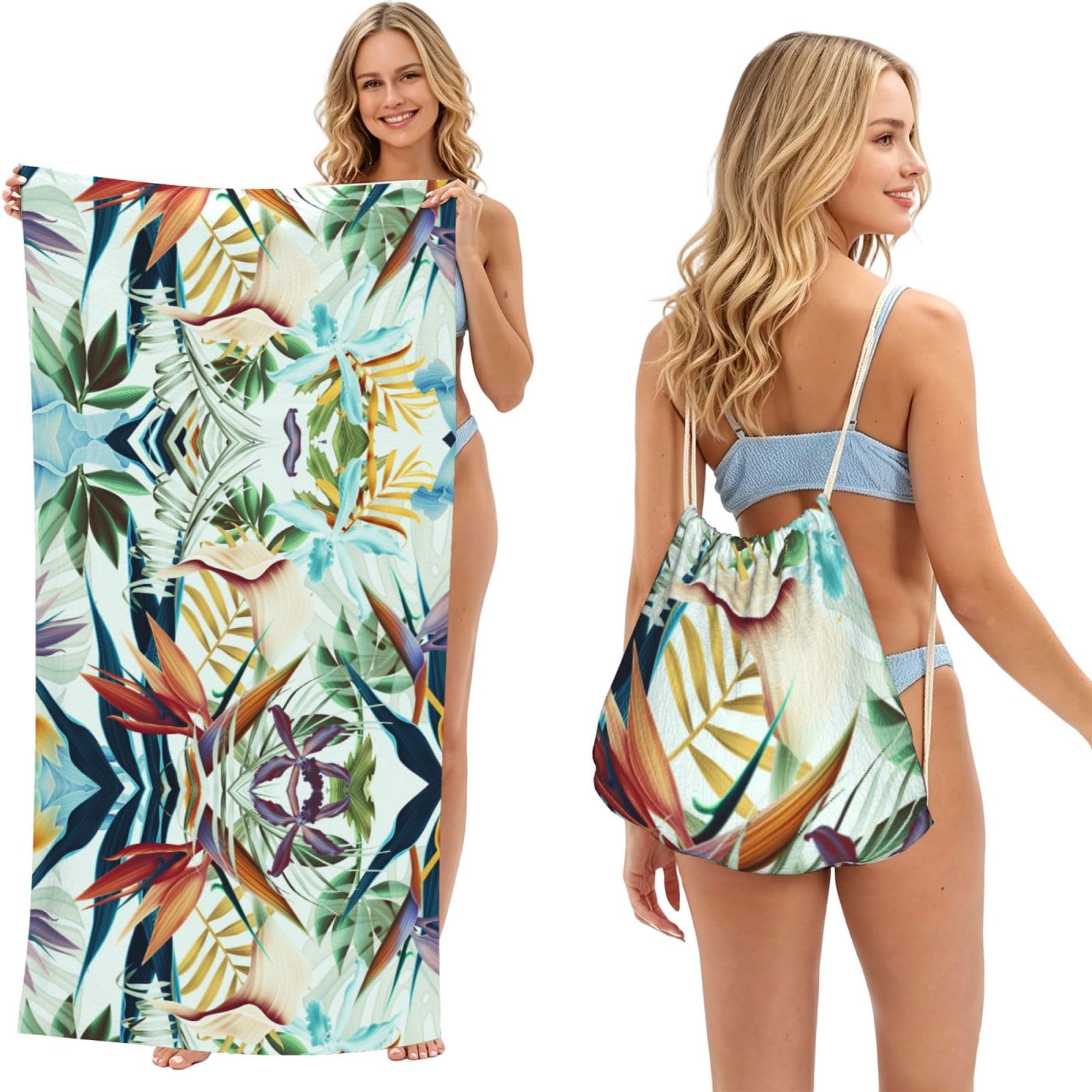ESNAIUVCD Summer Tropical Leaves Print Beach Towel For Adults,Towel With Drawstring Bag, Travel Pool Swimming Sports Shower Sand Free Quick Dry Bath Towel For Pool, Beach, Yoga- 180x60cm