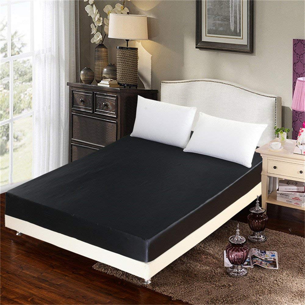 1 Piece Satin Fitted Sheet Only Classic Luxury Silky Soft Bed Sheets Solid Color (Full, Black)