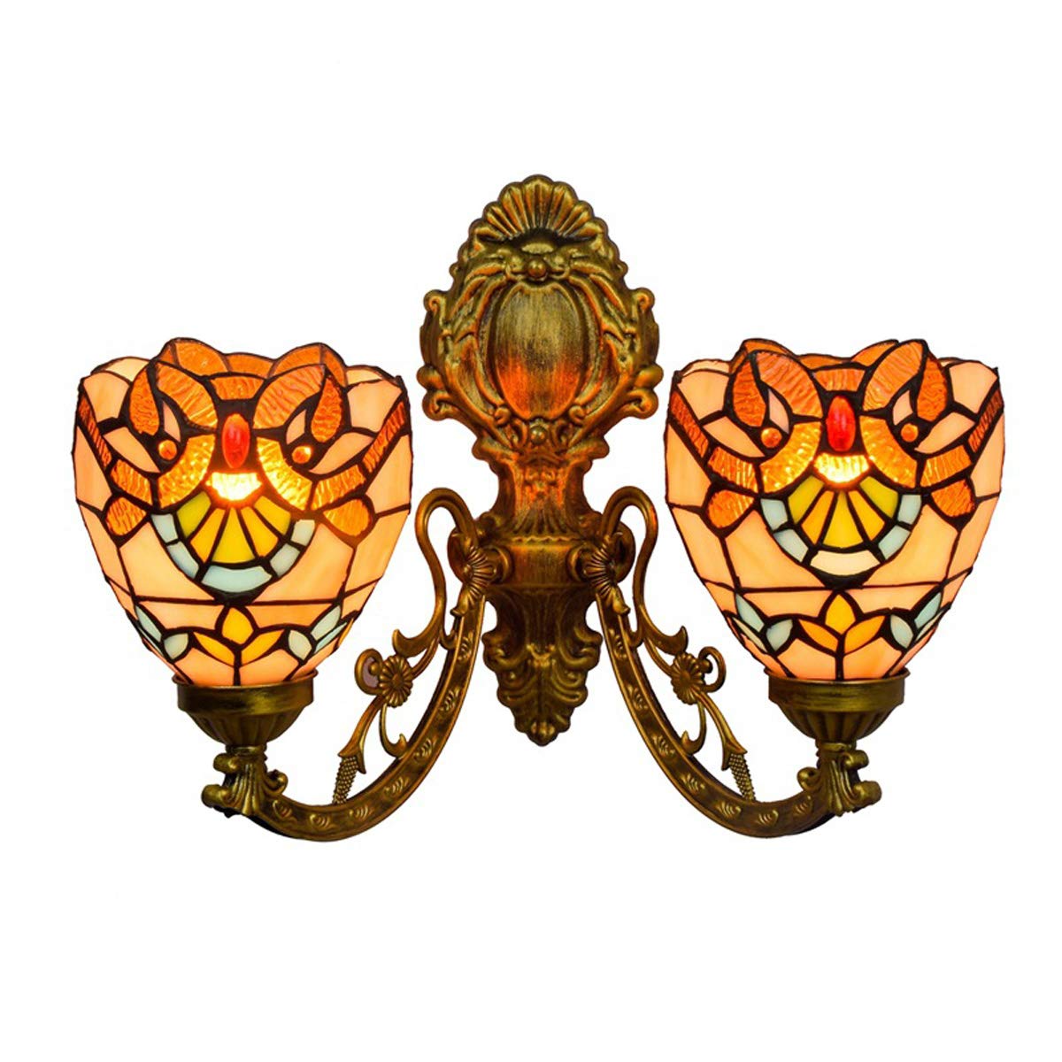 GDLight Baroque Design 2-Arm Wall Sconce Lamp Tiffany Style Wall Lights with 6-Inch Vintage Stained Glass Shade for Bedroom Living Room Hallway Balcony, E27,A