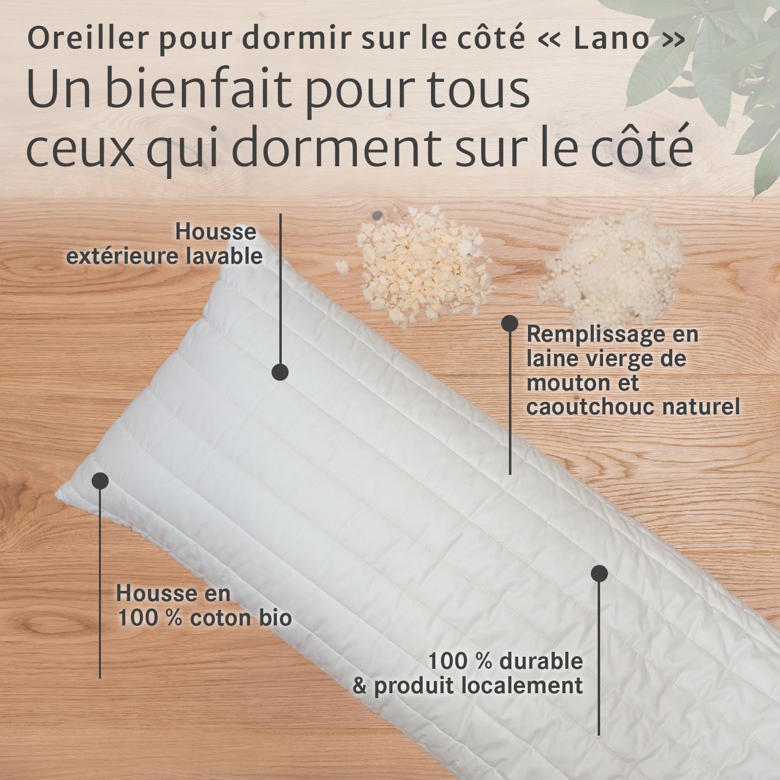 allnatura Grand Coussin pour dormeurs latéraux Lano avec Housse en Coton Biologique 40x140 – Coussin Durable et Ajustable en Flocons de Laine et de Latex – Lavable en Machine & fabriqué en Allemagne