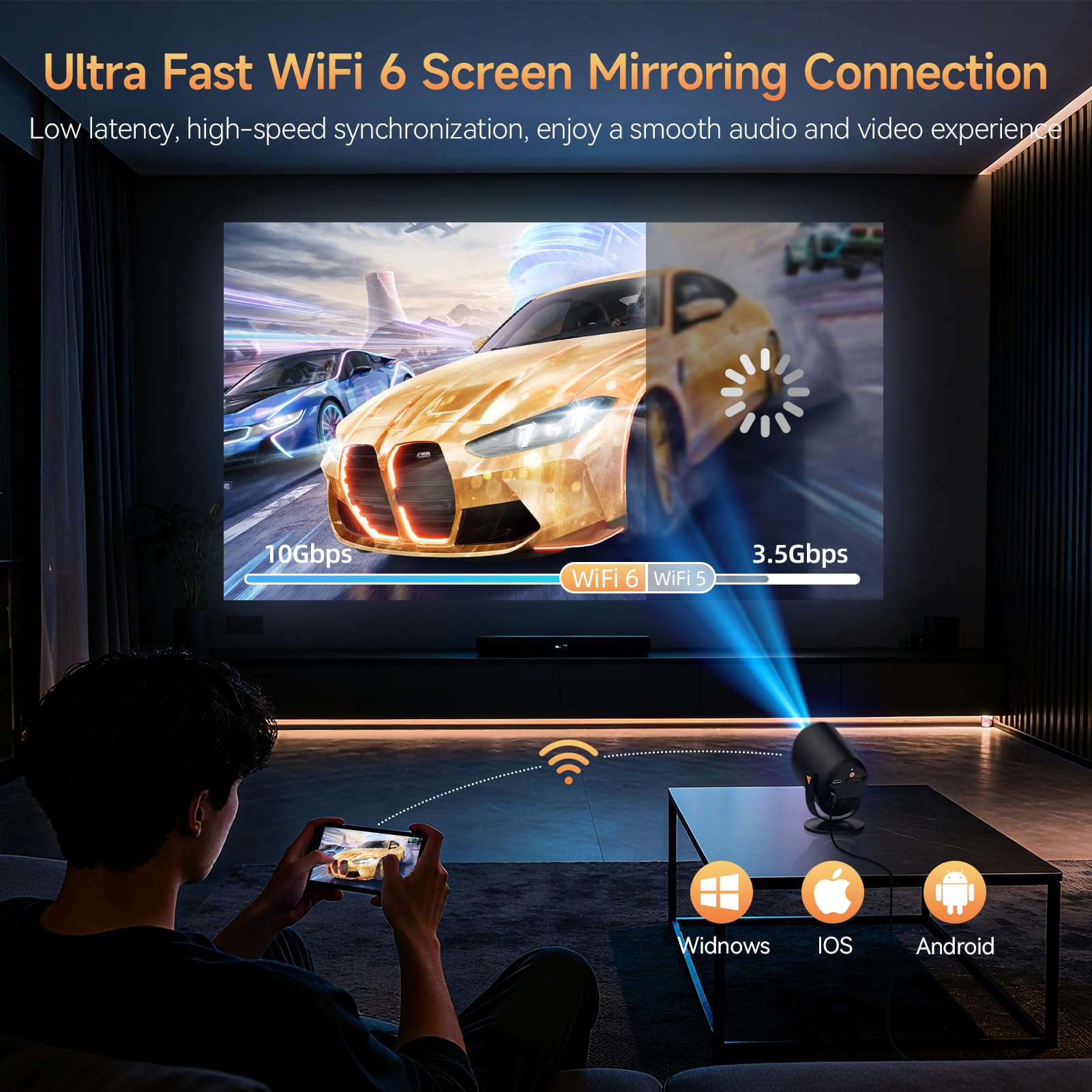 Mini Beamer Native 1080P Smart Tragbarer Projektor | 180°verstellbarem Ständer,max 180", integrierte Lautsprecher,WiFi und Bluetooth mit iOS/HDMI/USB/Android/Windows