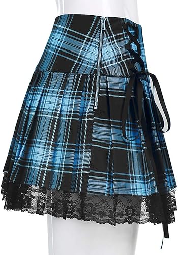 Miniatura 4 de Hotmiss Falda de cuadros rojos negros de las mujeres de la escuela plisada de encaje hasta mini faldas patinadoras