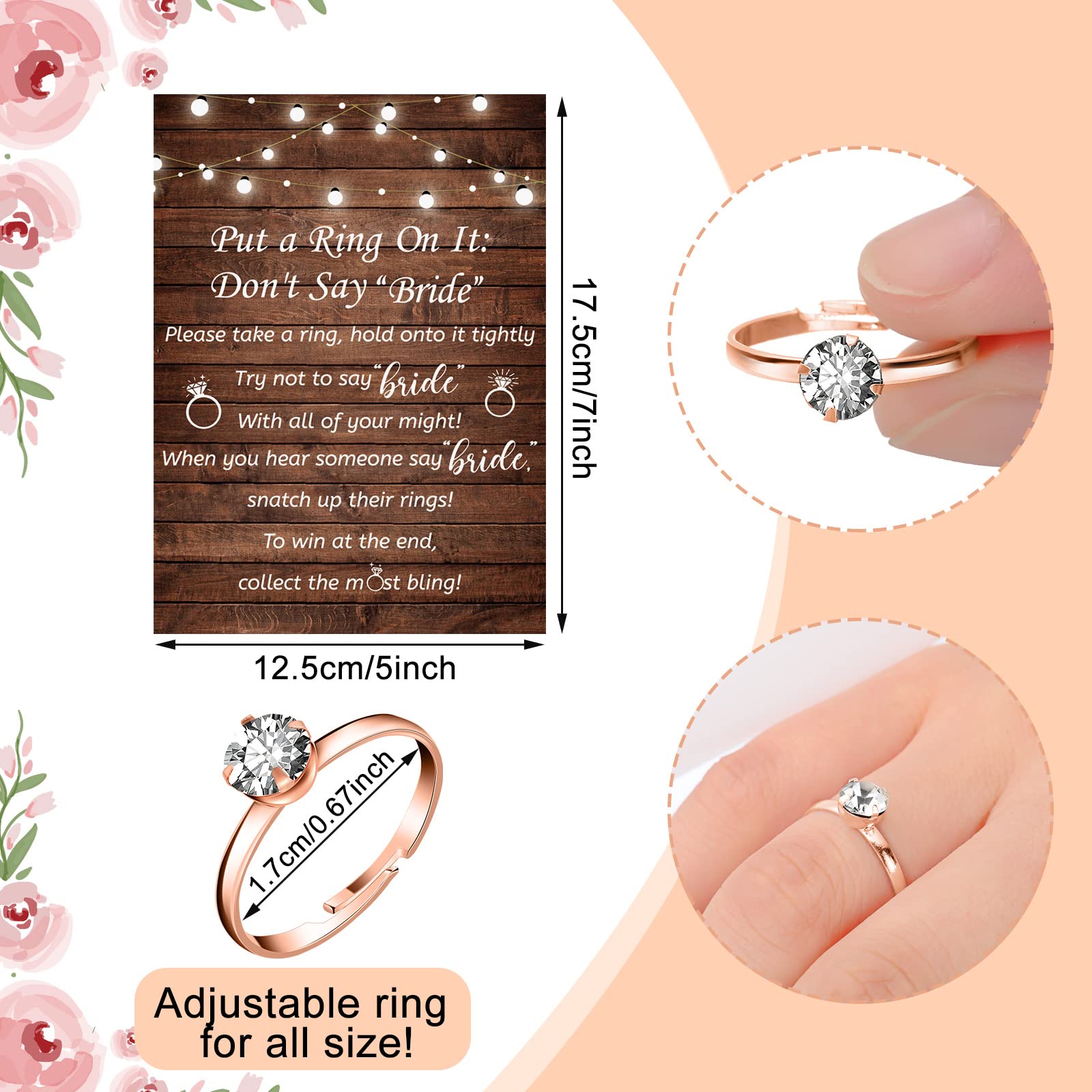 Woanger Put a Ring on It Bridal Shower Game with 50 Fake Rings, Rustic Greenery Theme Wedding Shower Games Wedding and Engagement Rings and Not Say Bride Rules Cards(Elegant,Rose Gold)