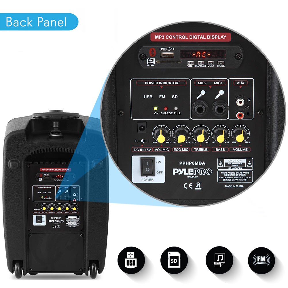 Pyle Portable PA Speaker System 360W Bluetooth Outdoor Black - Dettaglio