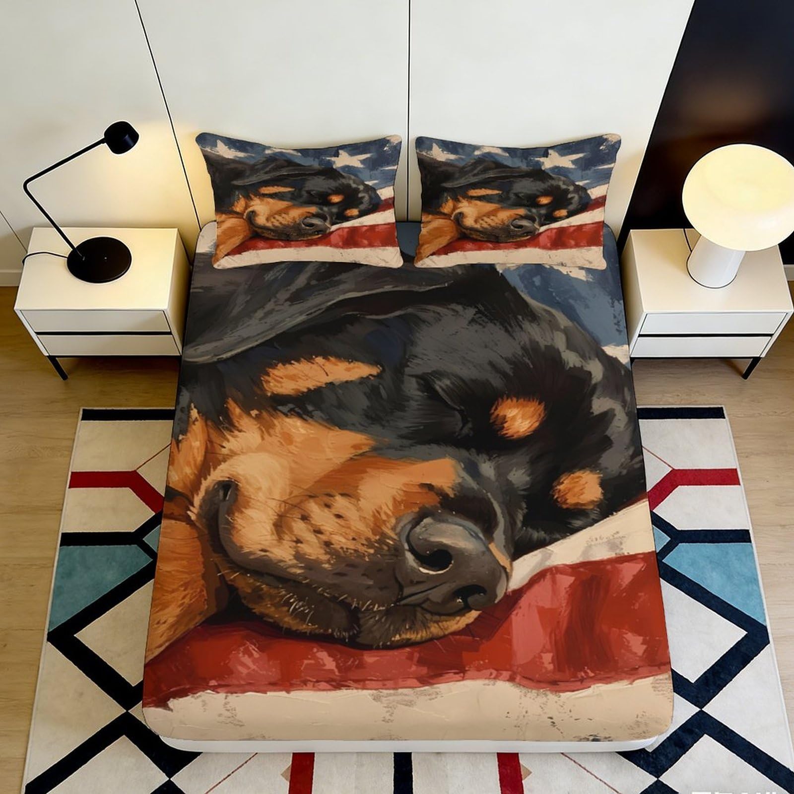 3D Printed Rottweiler Dog Fitted Sheet Microfiber Soft Durable American Flag Bed Cover for Bedroom Dormitory Guest Room Mattress Protection 120x200x25cm