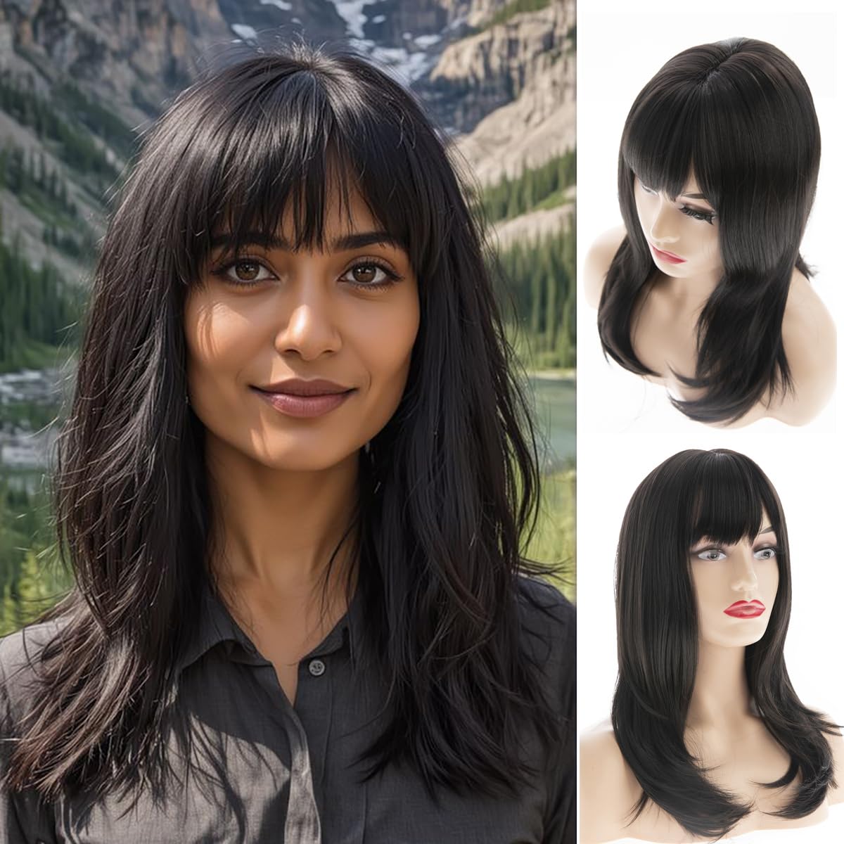Baruisi Long Straight Black Wig with Bangs Synthetic Natural Black Soft Hair Wigs for Women Daily Party Use,20inches