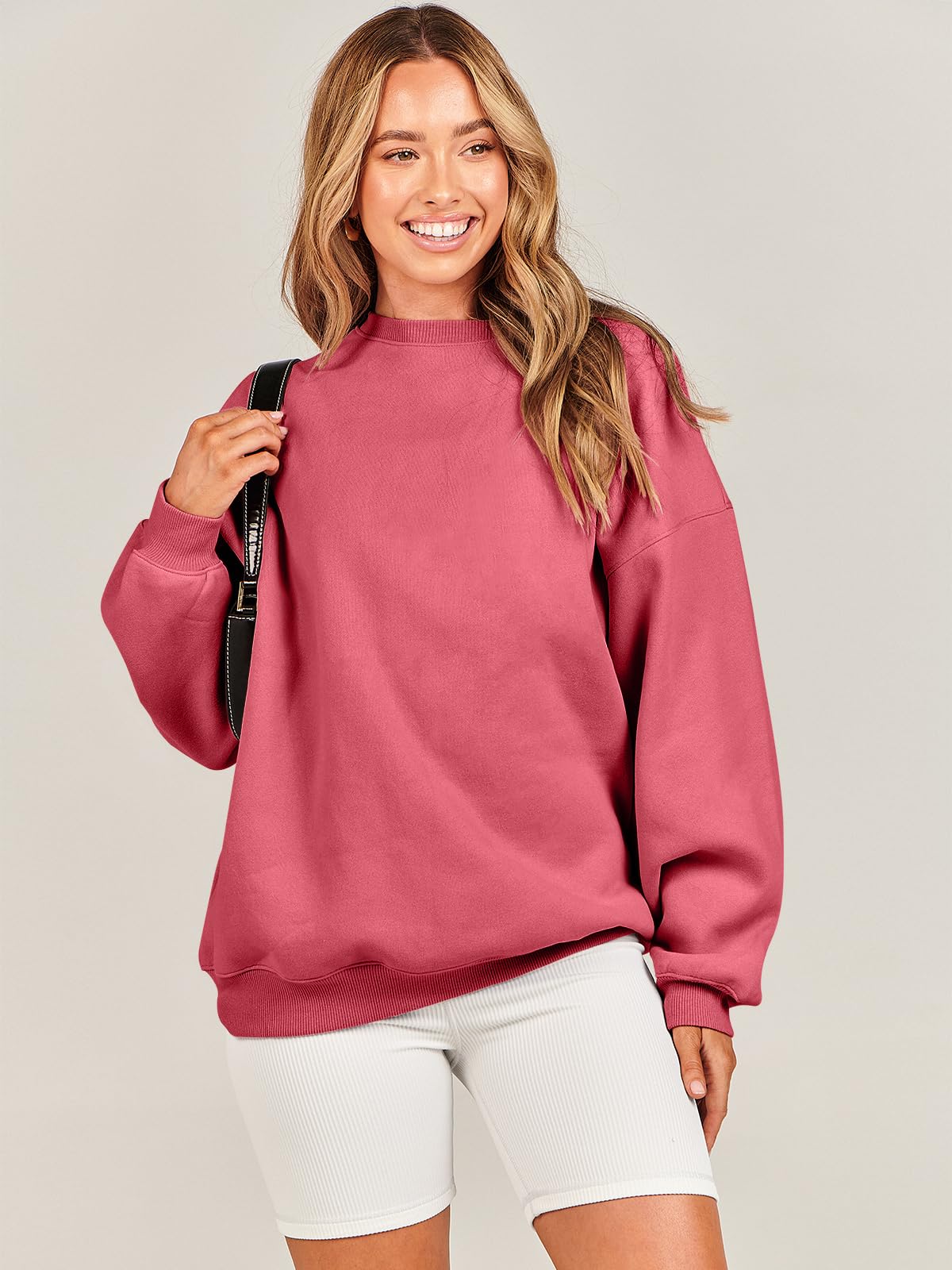 Damskie bluzy oversize bluzy z kapturem polar okrągły dekolt sweter top codzienne jesienne stroje preppy ubrania nastolatki 2024 A1019 światło, Jeden kolor, Peachy_M