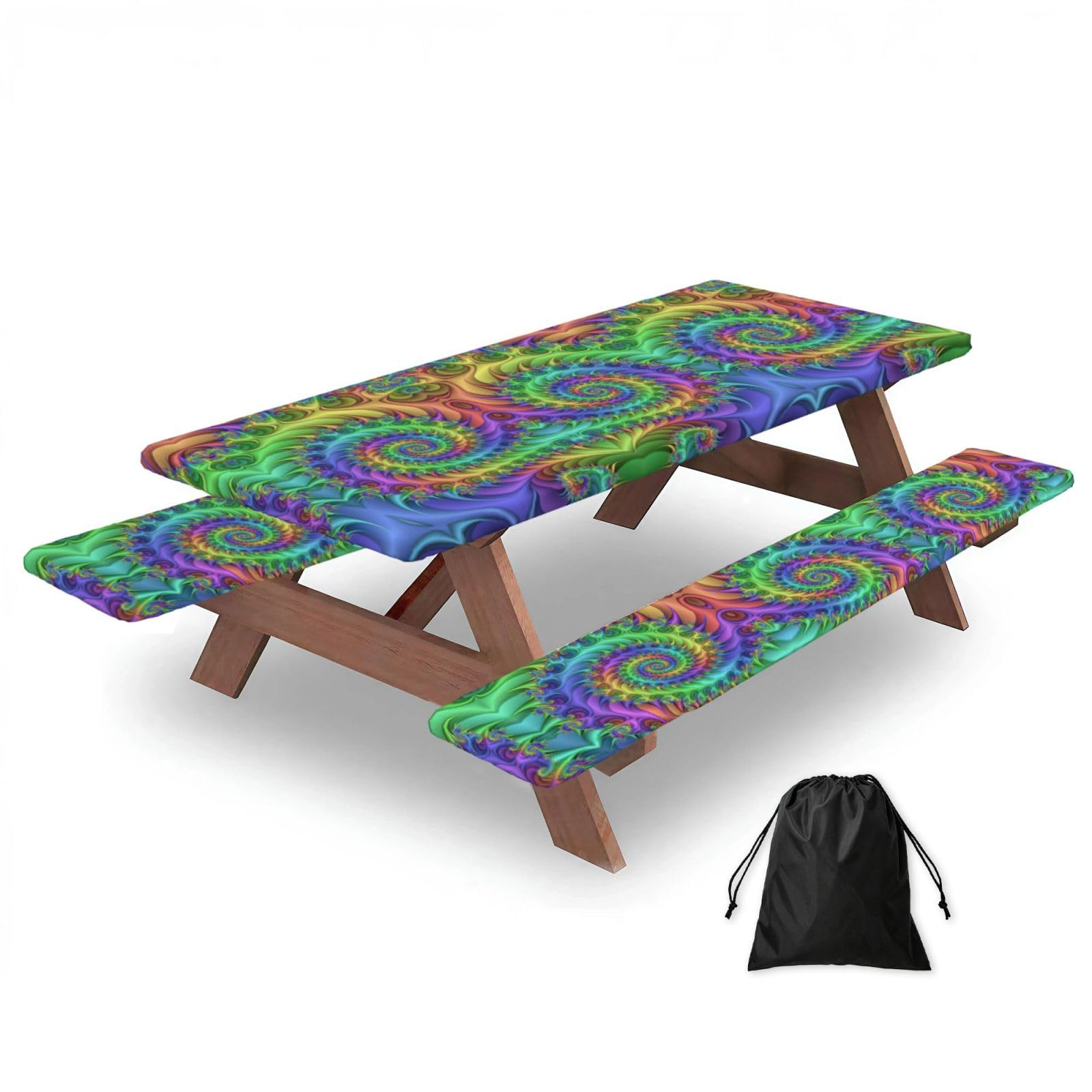 Zyjhyy Black Tie Dye Print Party Table Covers With Bench Covers Set Of 3 Picnic Table Cloth Wipe Clean For Garden Camping