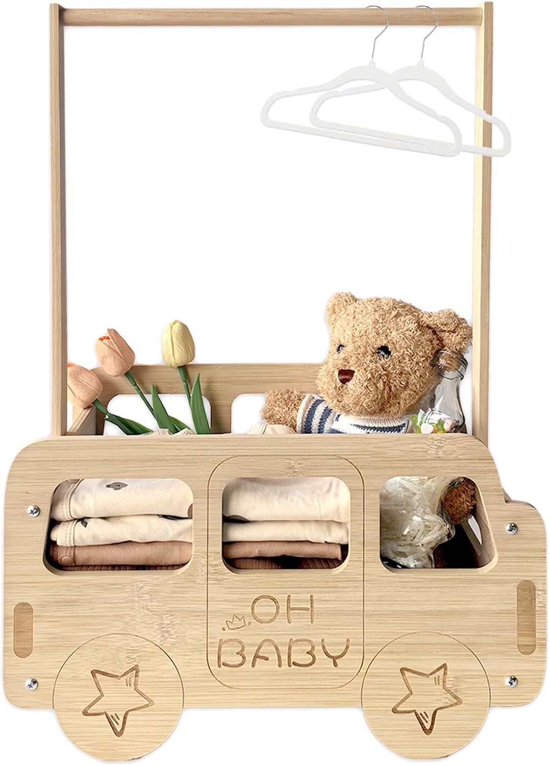 fun-plus Baby Shower Crate Closet, Bus Shape Baby Shower Basket with Handle Baby Storage Crate, Wooden Crate for Pregnancy New Parent (Bamboo made)