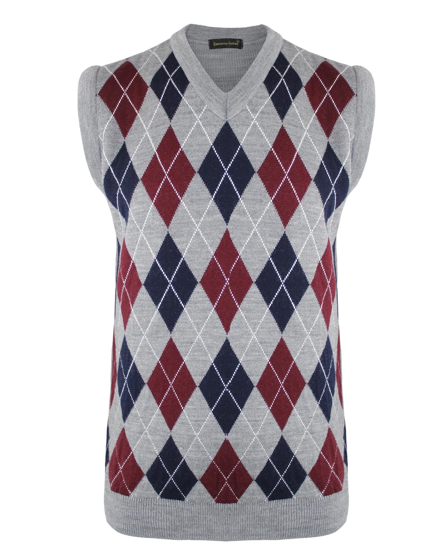 Top Vendor Men's Mid-Grey-Wine New Knitted Jumper Top Sweater Vest With Ribbed Edge V-Neck Argyle Pattern Sleeveless S-Xl[,S ]