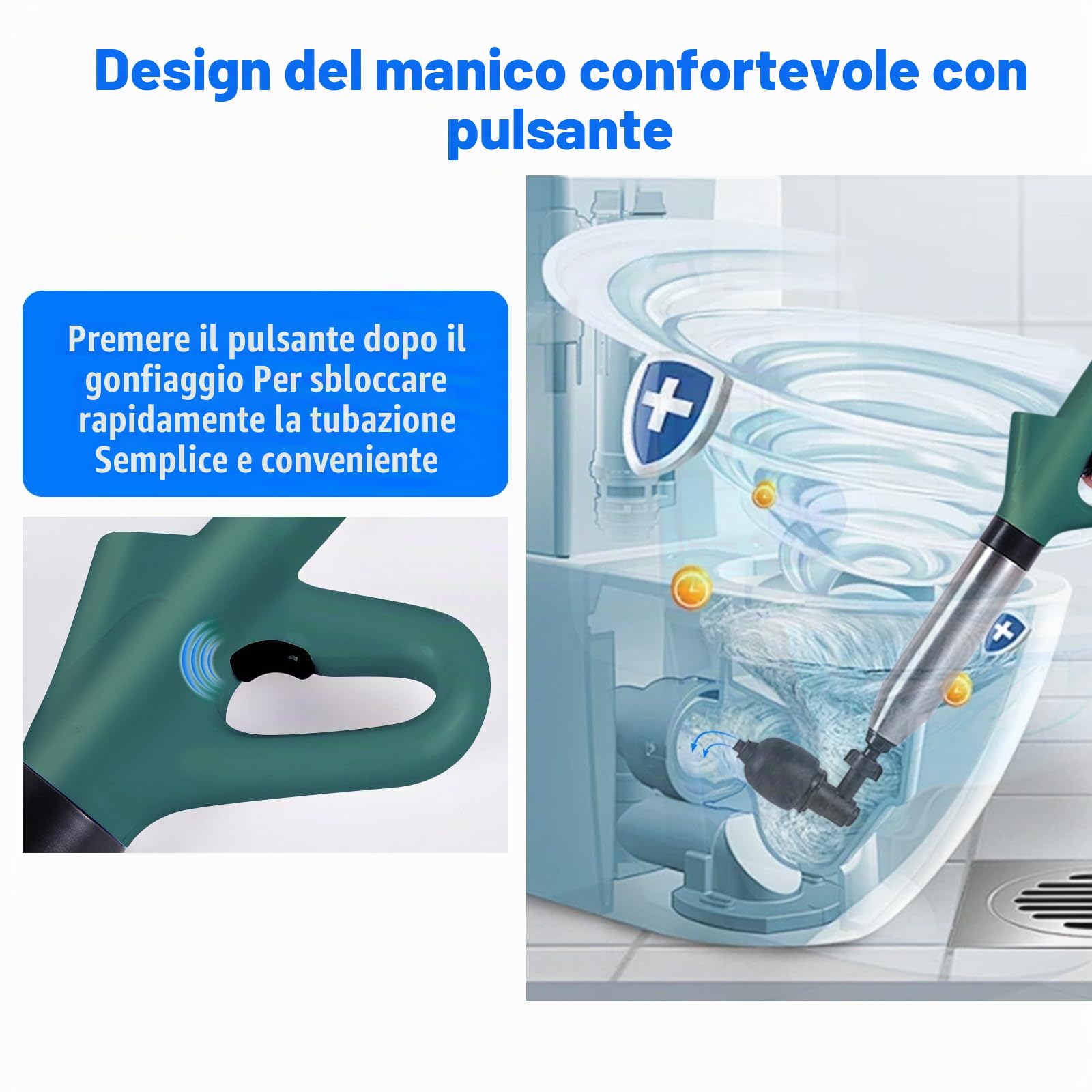 Stura WC, Pompa Stura Scarichi con Quattro Diverse Ventose, Molto Rispettoso Dell'ambiente, Senza Sostanze Chimiche, Sturalavandino Adatto per Bagni Bagni Lavabi