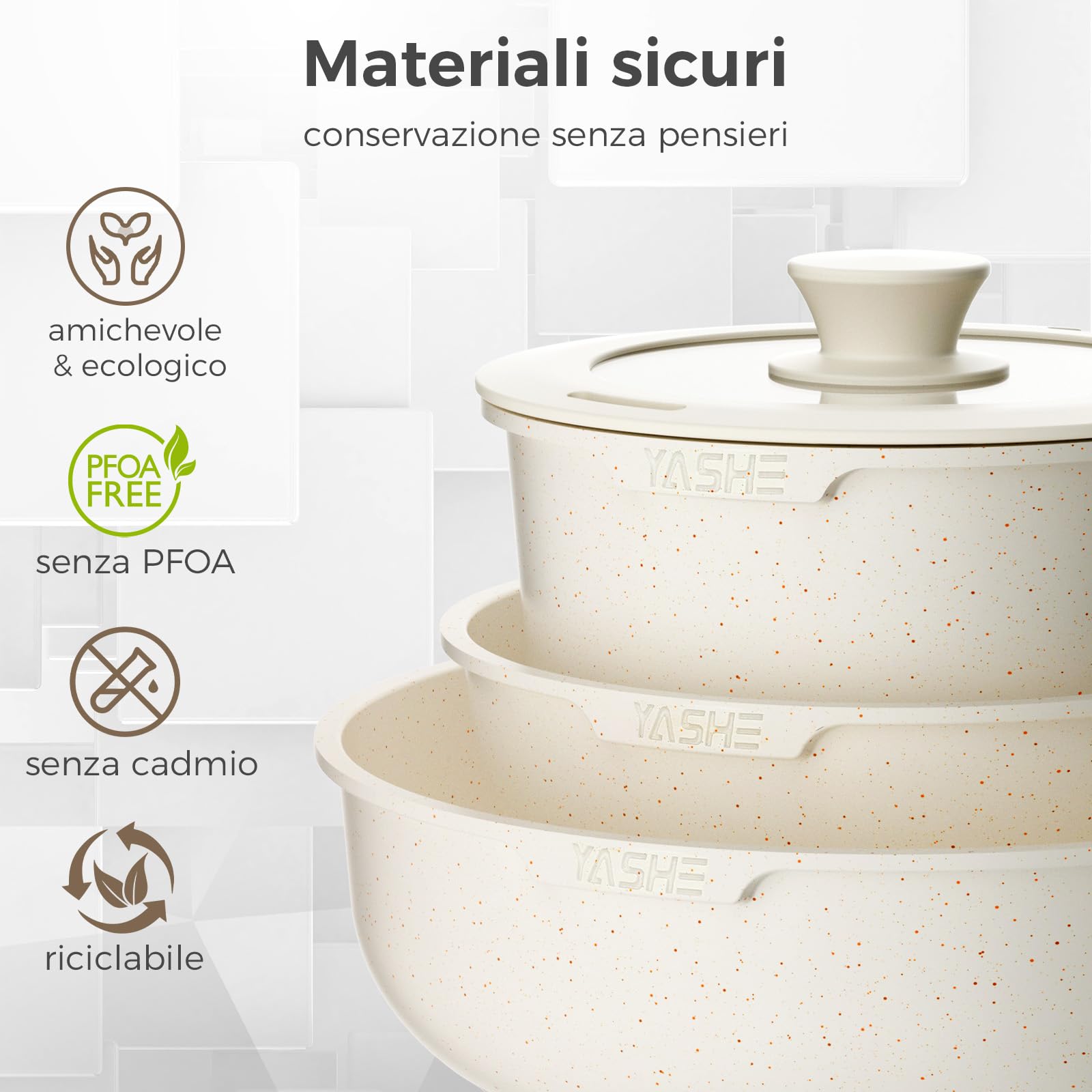 YASHE Set da cucina 15 pezzi, pentole e padelle con rivestimento antiaderente in granito, manici rimovibili, impilabili, facili da pulire, compatibili con induzione, gas e vetroceramica