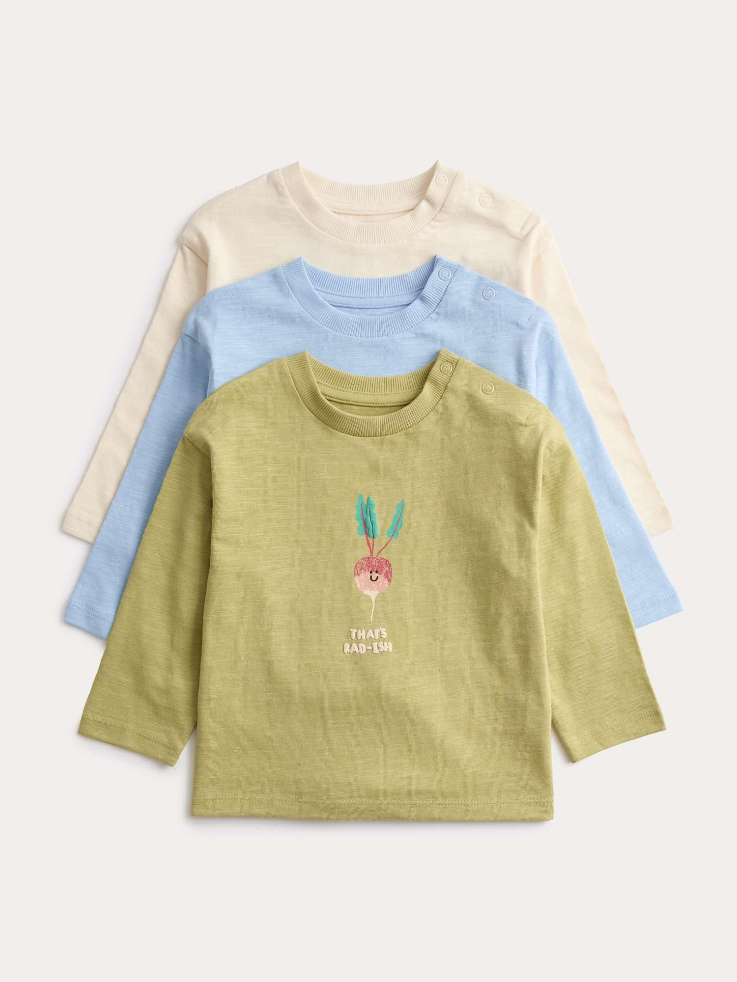 Marks & Spencer 3er-Pack Baby Tops aus Reiner Baumwolle mit Gemüsemotiv – Lange Ärmel – Druckknopfverschluss