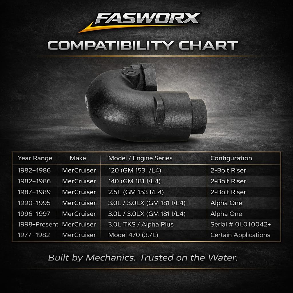 FASWORX Exhaust Riser for Mercruiser 2.5L, 3.0L 4 Cylinder Engines - 120 HP, 140 HP (Years 1982 to Present) - 2 Bolt Round Style Elbow Replaces 12076, 12706A1, 12706A2, 18-1975