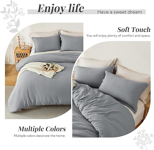 Miniatura 7 de Funda de edredón de tamaño King, funda de edredón de microfibra lavada, juego de funda de edredón suave, de color gris, de 3 piezas y con cierre de
