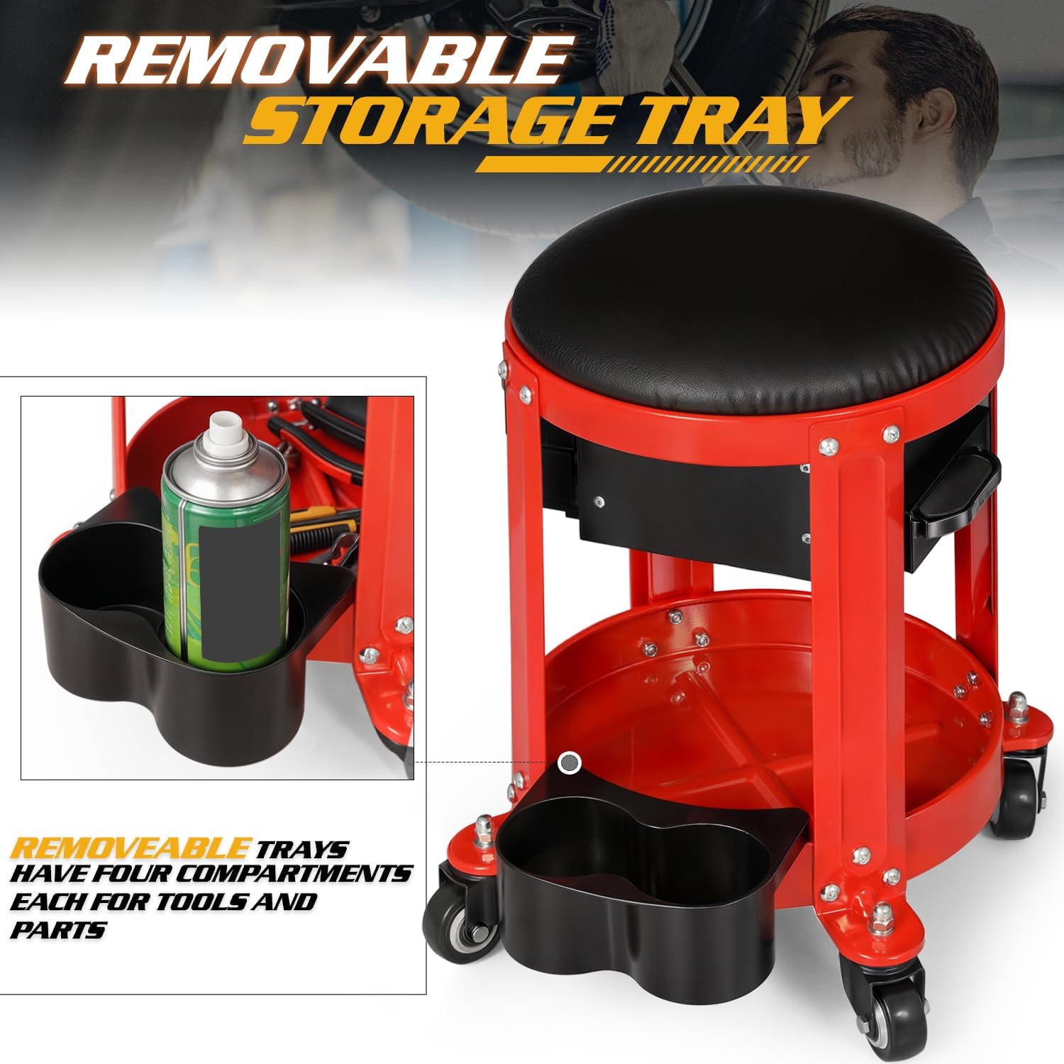 Magshion Rolling Shop Stool for Garage with Built-in Drawer, Tool Storage & Can Holder – 300 lbs Capacity Padded Mechanic Seat with Wheels for Workshop & Auto Repair (Red)