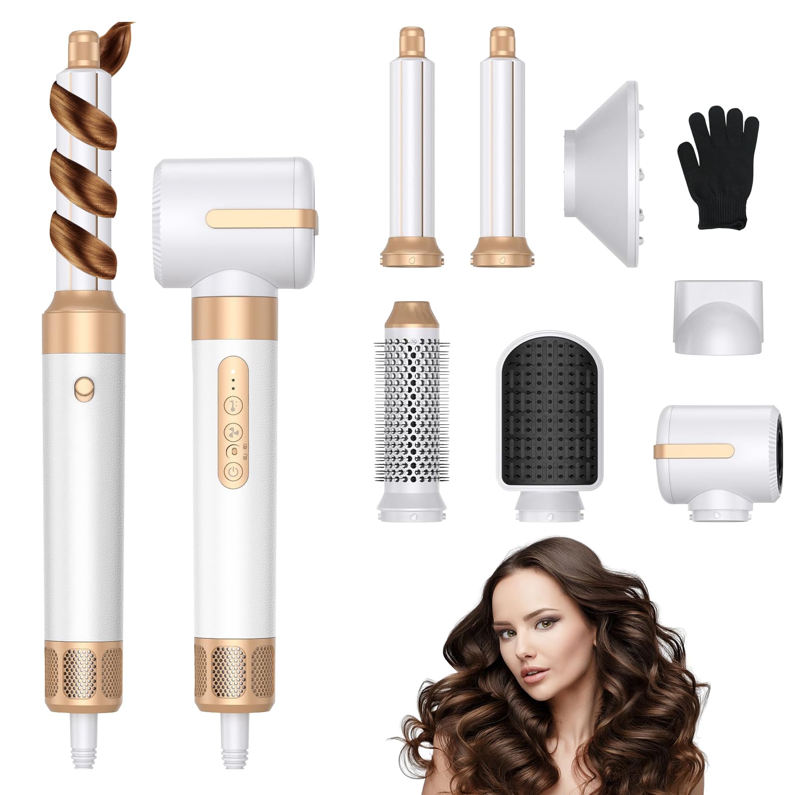 Brosse Soufflante 7 en 1, Air Styler avec Soufflantes, Diffuseur, Buse de Coiffage, Sèche-Cheveux à Ions Négatifs Haute Vitesse, Boucleur a Air, Hair Styler Set pour Sécher Boucler Lisser