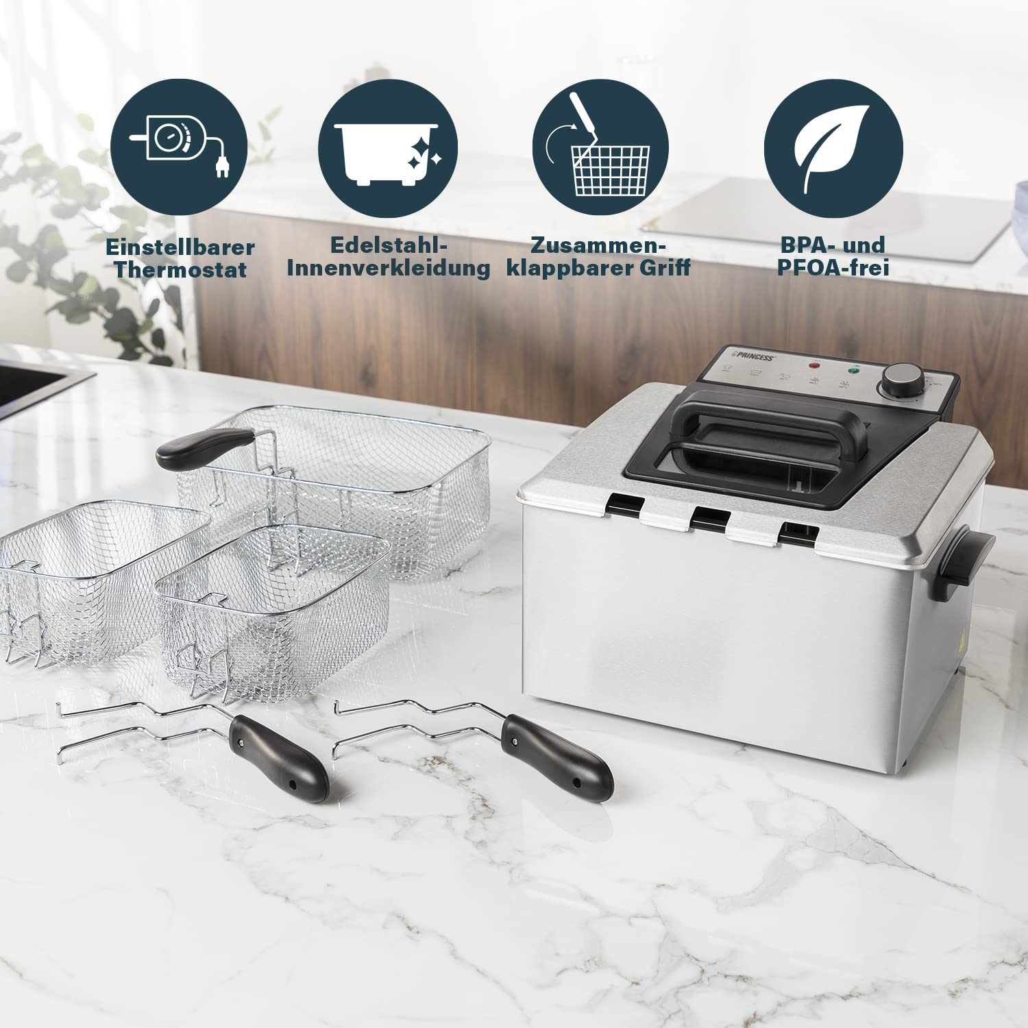 Princess Fritteuse – 3270 Watt, 5 Liter, Thermostat, 3 Frittierkörbe, Kaltzone, 6-7 Personen, 185000, Grau, Metall
