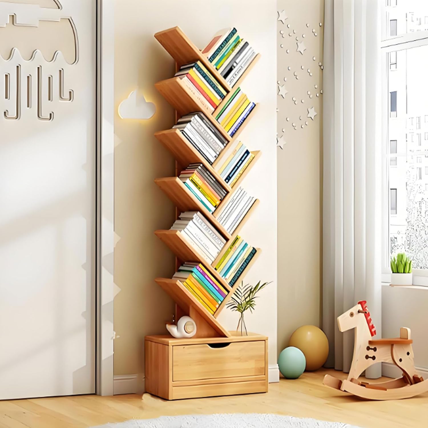 収納キャビネット付きツリー本棚、レトロな床置き本棚、CD/映画/本用背の高い木製本収納ラック、寝室、リビングルーム、オフィス用ユーテ