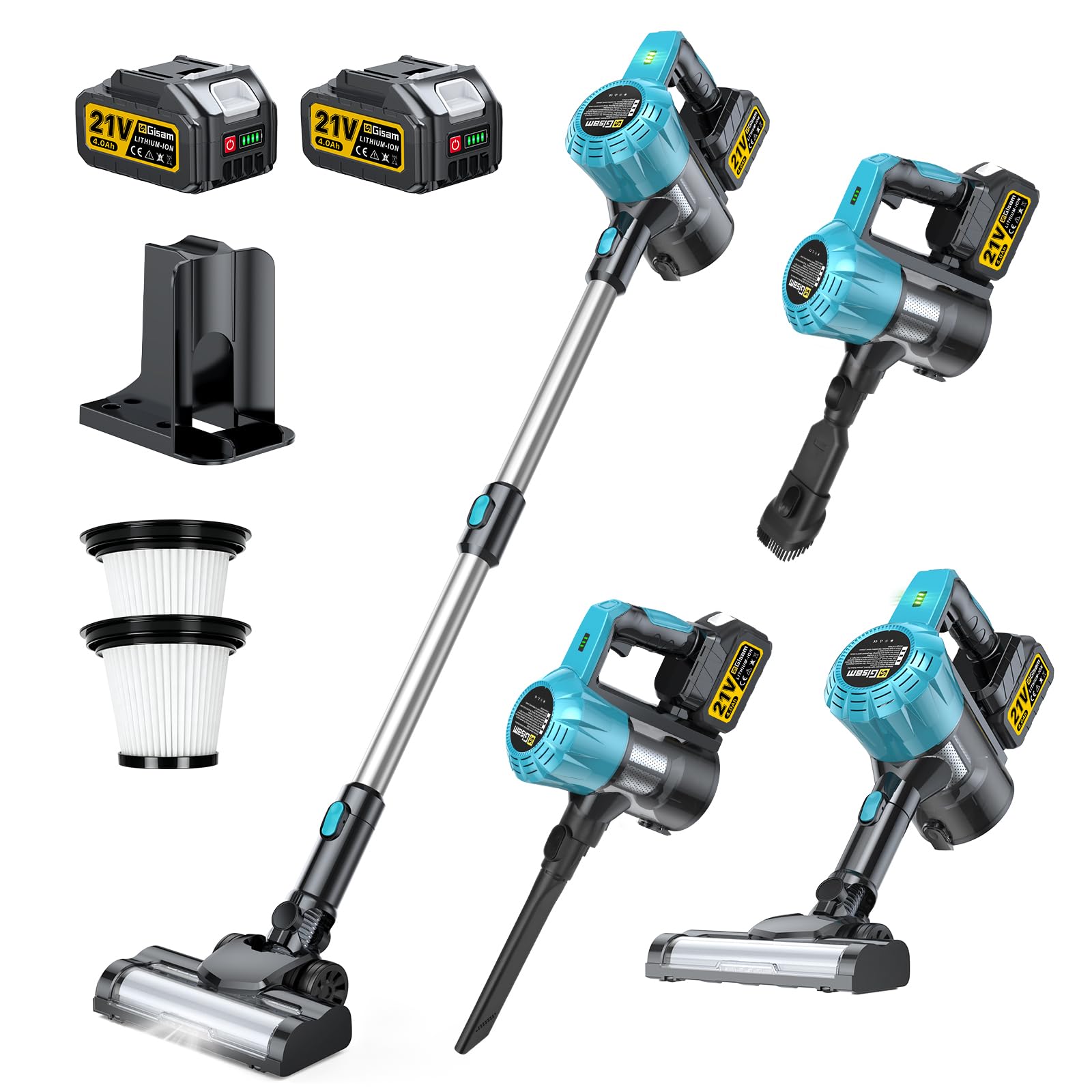 Gisam Aspiradora inalámbrica 55000 Pa/650 W/70 min, motor sin escobillas, con tres cabezales de cepillo diferentes, 1,6 L, cepillo antienredos, de pie para pelo de animales, alfombras, suelos duros