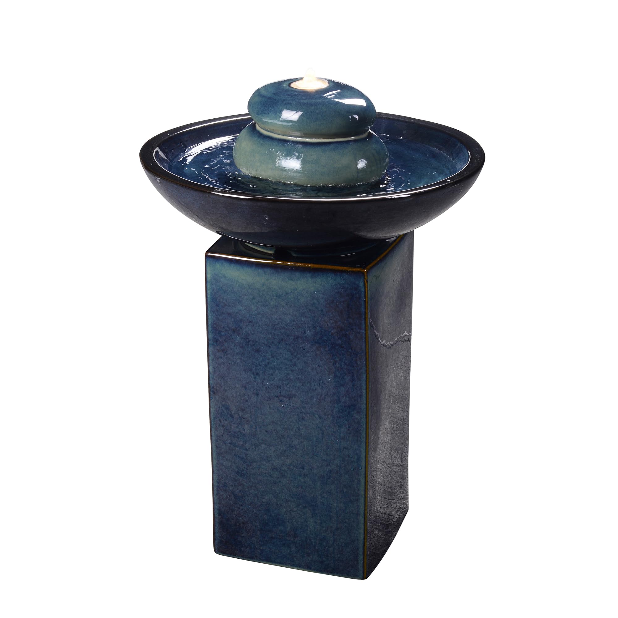 Blue Ceramic Fountain with Submersible Pump and Warm White LED Lights