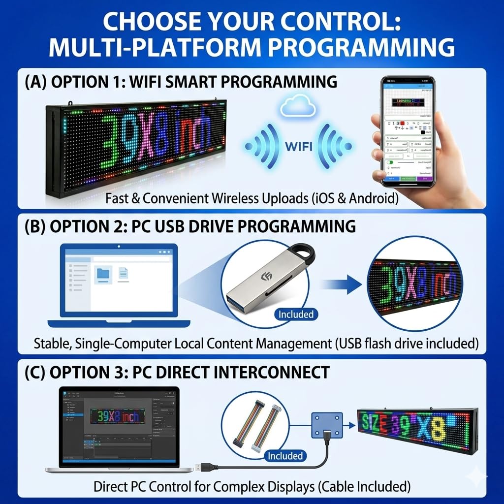 Letrero LED de desplazamiento programable, USB Wifi pequeño para interiores y exteriores, visualización digital de barra para panel de visualización de negocios (40 x 8 pulgadas)