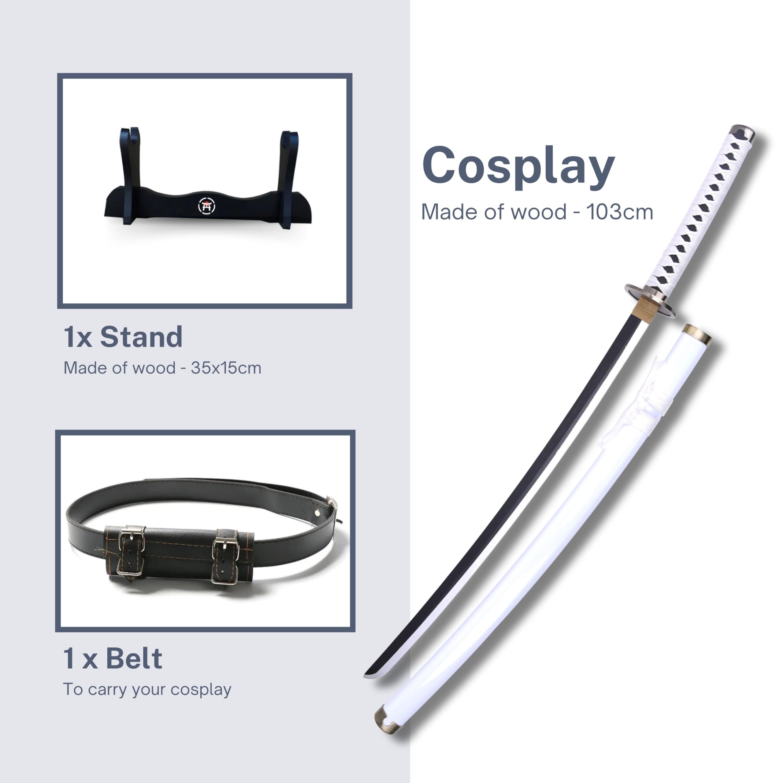 Katana One Piece - Vera Manga Sciabola + Porta Spada di Legno + Cintura - Catana Giapponese Decorazione Cosplay Giocattolo per Bambini Adulti Gioco Costumi