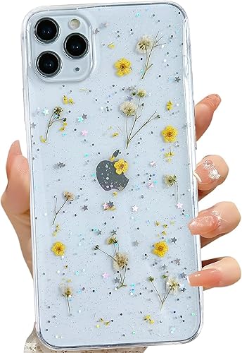 Miniatura 36 de Funda transparente para iPhone 16 Pro Max con diseño de flores reales presionadas, patrón floral rosa brillante y lindo, funda protectora de TPU