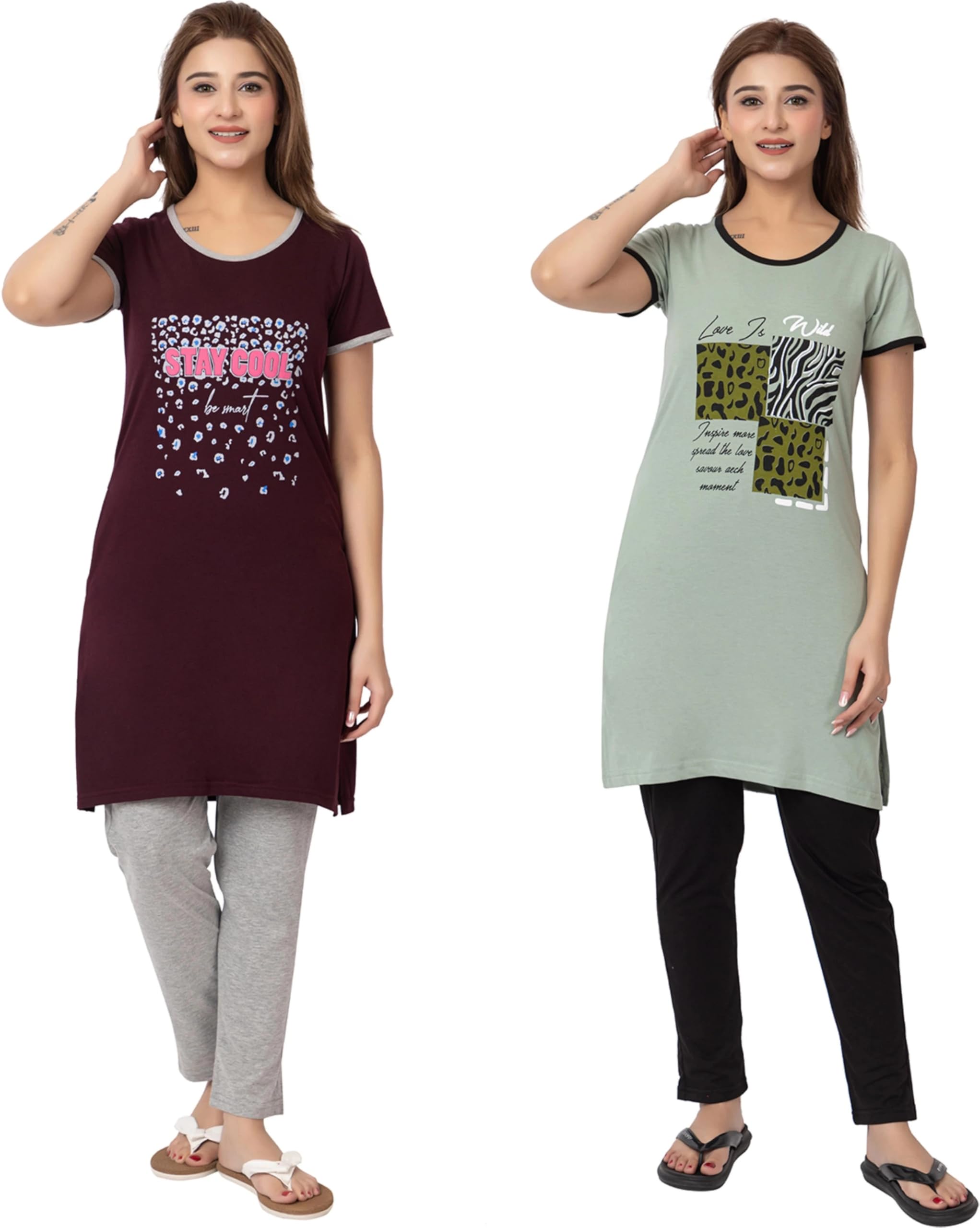 gee 5 Summer Wear Casual Nightwear Round Neck Cotton blend Comfortable and Breathable Sleepwear |Top and Bottom Set| Nightsuit For Women's Combo set (2 Pcs)-picture-21