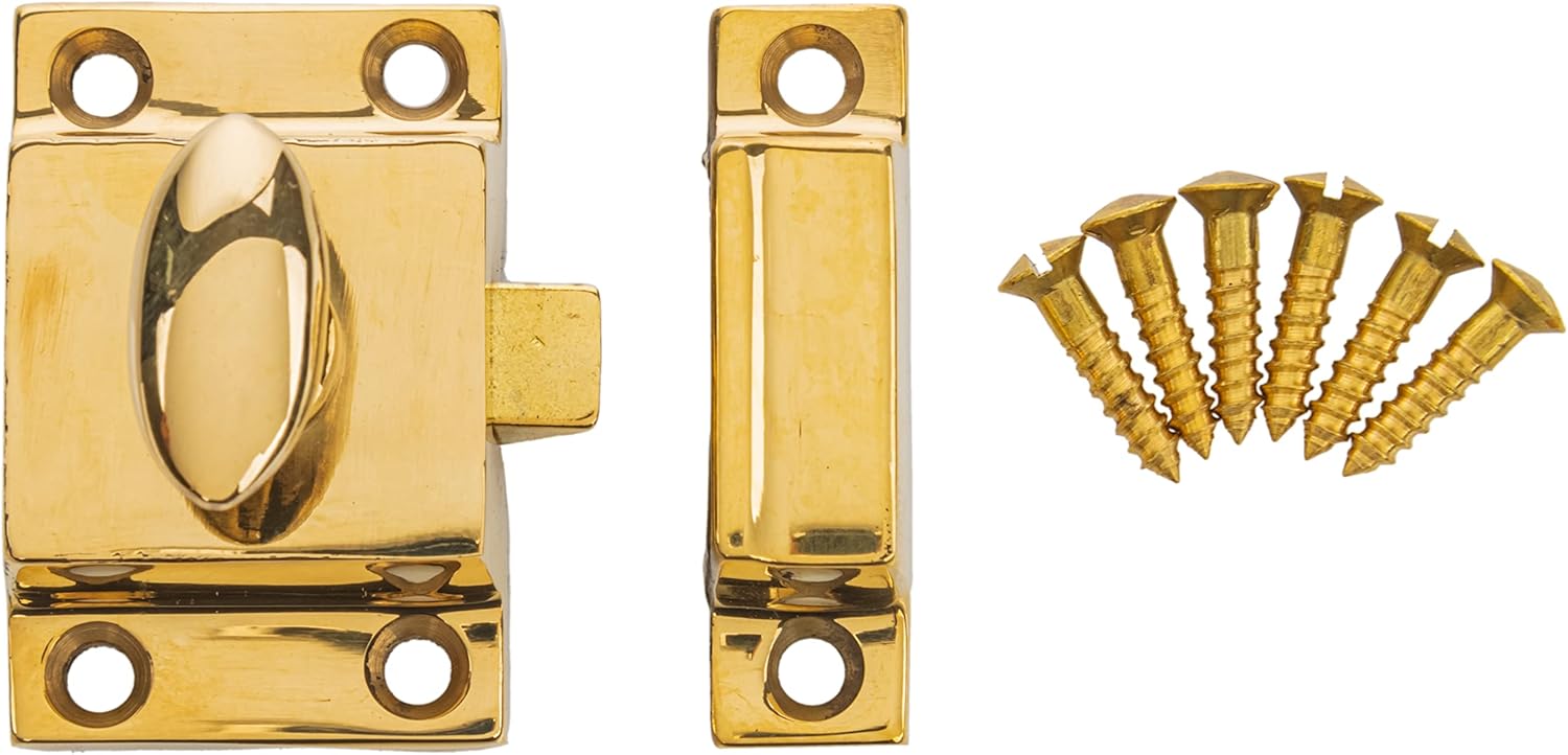Small Heavy Duty Solid Brass Cabinet Door Latch - 1-3/4" × 1-3/4" - Spring Loaded Cupboard Door Latch with Oval Turn - Vintage Cabinet Hardware | UA-101-LPB