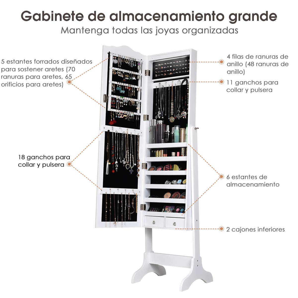 COSTWAY Armario para Joyas Espejo Joyero con 14 Luces LED Espejo de Cuerpo Entero con Cerradura Gabinete de Joyería de Pie Organizador para Anillos Cadena y Pendientes (Blanco)