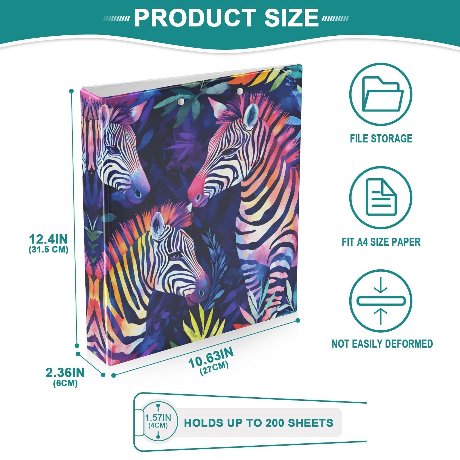 Confezione da 2 raccoglitori a 3 anelli, motivo foglie tropicali, stampa zebrata, 3,8 cm, con 3 tasche trasparenti, portablocco e contiene 200 fogli, per ufficio, scuola, organizzazione