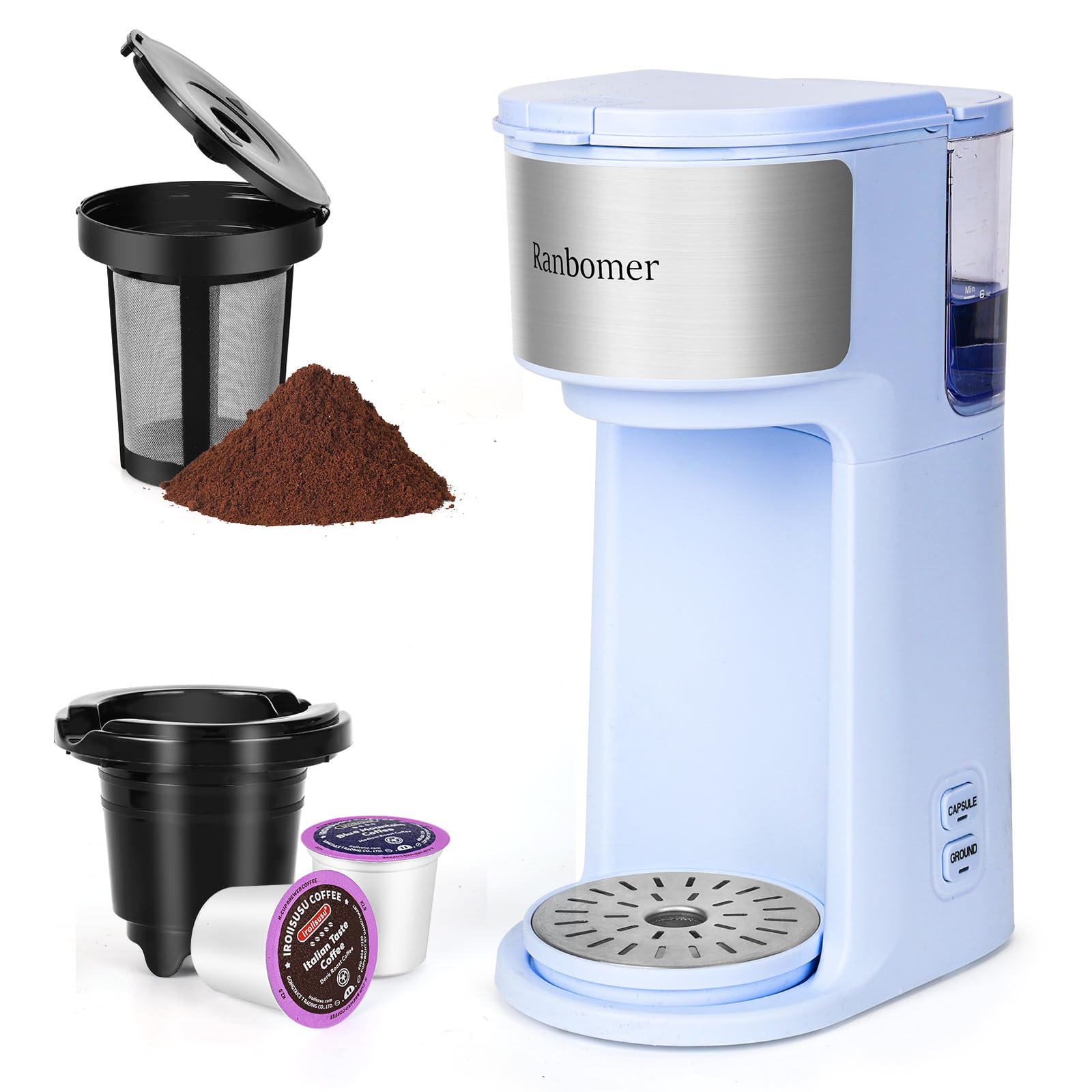 Single Serve Coffee Maker, K Cup and Ground Coffee Machine 2 in 1, 6 to 14 Oz Brew Sizes, Mini One Cup Coffee Maker with Self cleaning Function, Fits Travel Mug, (Blue) NEW