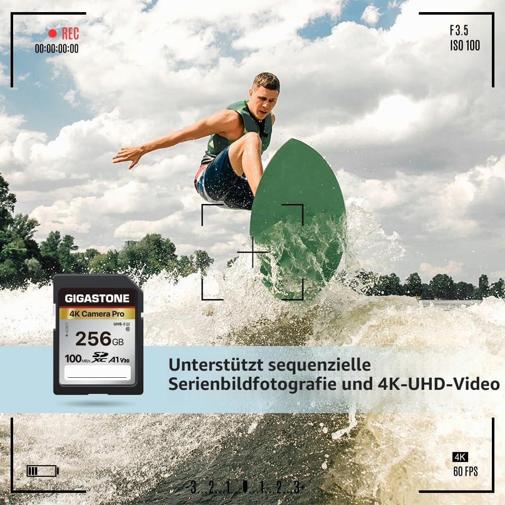 GIGASTONE 256GB SDXC Speicherkarte, 4K Kamera Pro, bis zu 100 MB/S, Digitalkameras Canon Sony Nikon Olympus, A1 UHS-I U3 V30 Klasse 10, 4K UHD Videoaufnahmen