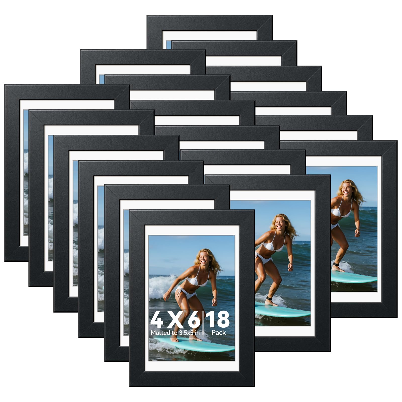 HappyHapi 4x6 Picture Frames Set of 18, Tabletop or Wall Photo Frames, Display Pictures 3.5x5 with Mat or 4x6 Without, Bulk Frames Collage (Black)