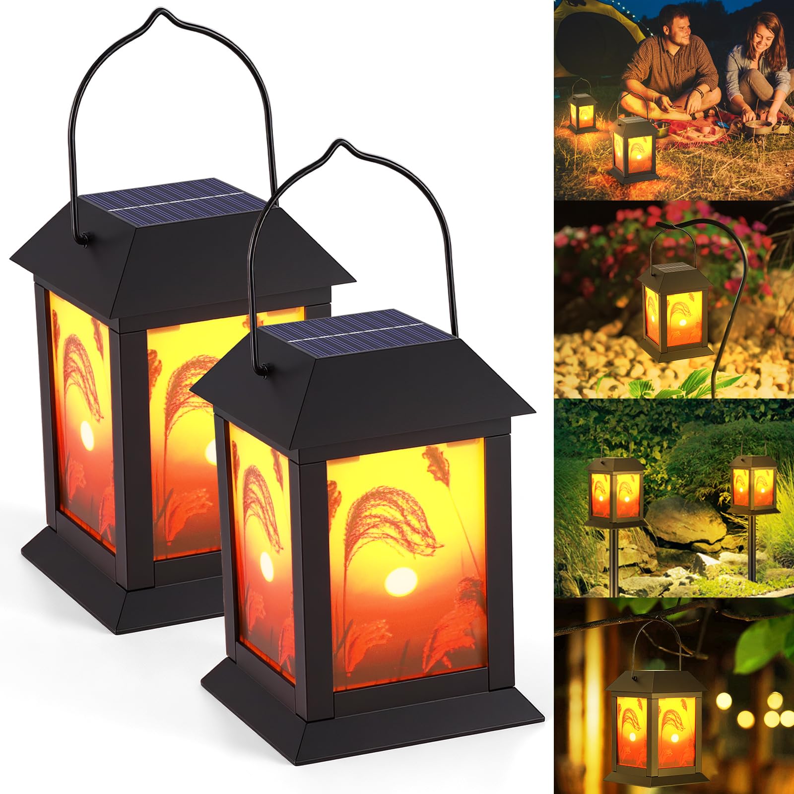 Viitech 2 Pack Solar Lantern Outdoor, IP54 Waterproof Solar Lights Outdoor Garden with Sunset, Solar Powered Garden Lights Solar Lantern Hanging & Pathway Lights for Patio Garden Yard