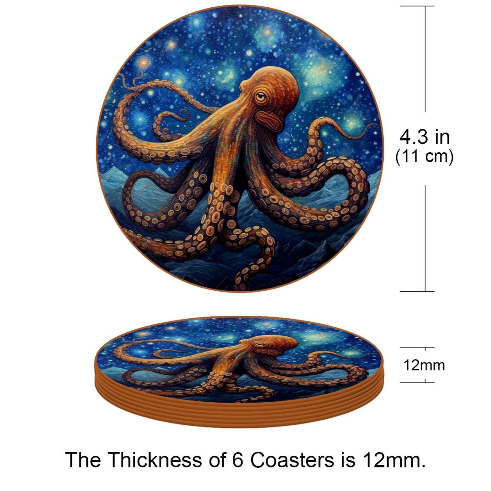 Cartoon-Galaxie-Oktopus-Untersetzer für Getränke, 6 Stück, Tisch-Schutzmatte für Weingläser, Tassen und Tassen, wiederverwendbar im Büro, Küche, Bar, 10,9 cm