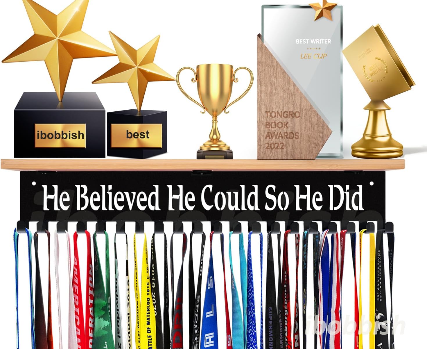 Premium Trophy and Medal Display Shelf 16inchL,Large Trophy Board Display,HE Believed HE Could SO HE DID Medal Hanger Display Shelf