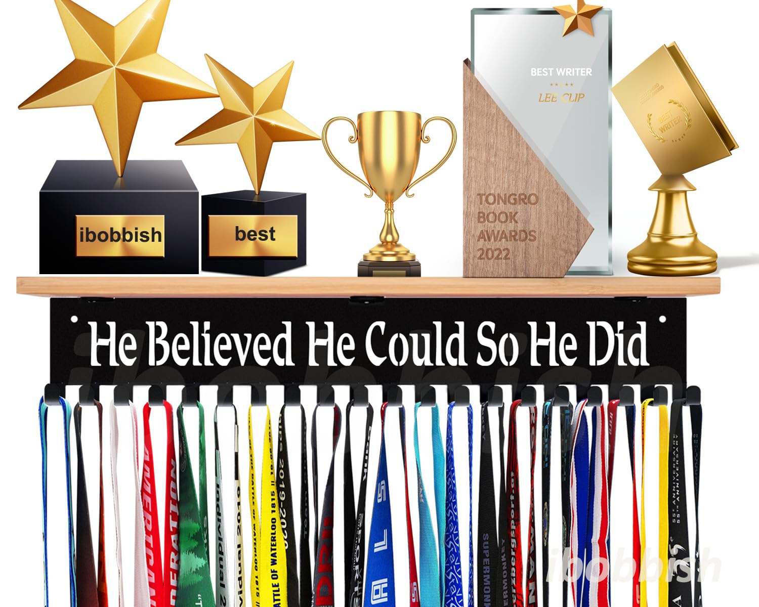 iBobbish Premium Metal Trophy and Medal Display Shelf 16inchL, Black, Heavy Duty, Non-Bent, Modern Industrial, 20 Hooks, Wall Mount, 22-33lbs Capacity, Bamboo Board, HE Believed HE Could SO HE DID