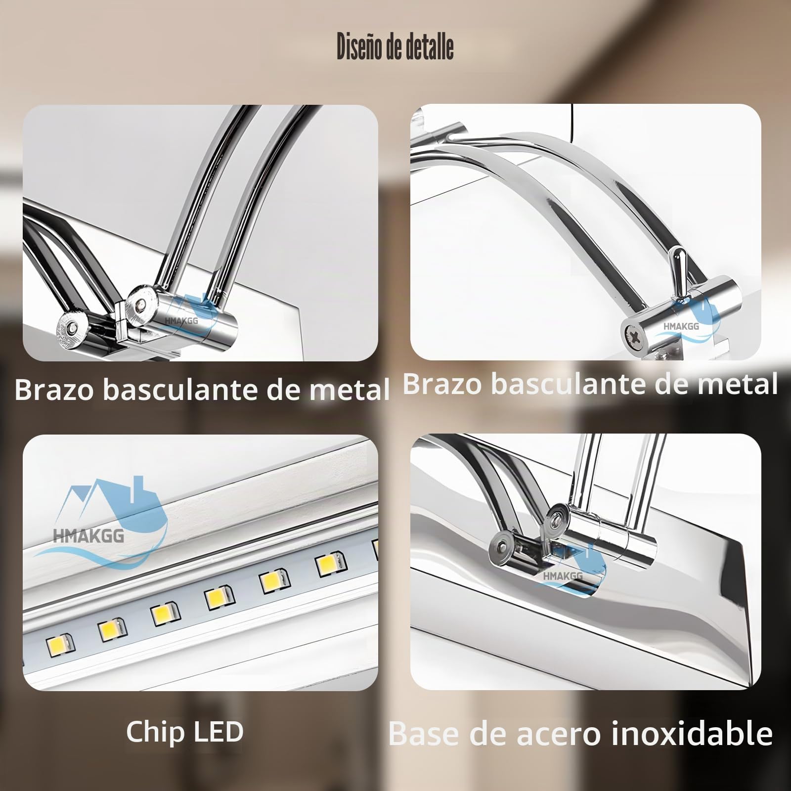 Aplique Espejo Baño con Sensor de Movimiento, Lampara Espejo Baño LED con Interruptor, 240° Giratorio Luz Baño Espejo Acero Inoxidable, 6000K, IP44, 29CM/6W