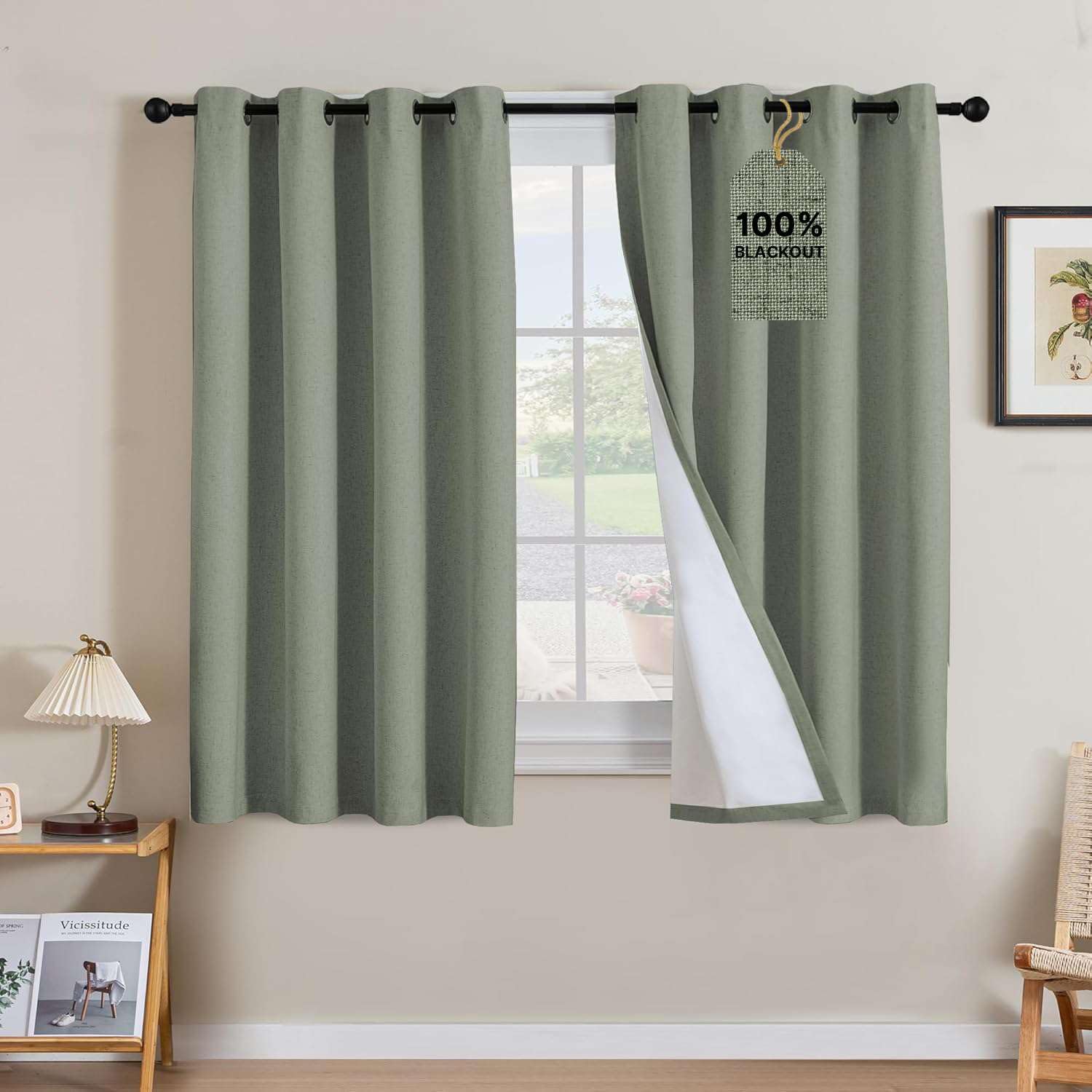 H.VERSAILTEX Linen Curtains 100% Blackout Curtains for Bedroom 84 inch Long Full Light Blocking Nature Linen Blended Window Curtains for Living Room Nickel Grommet (2 Panels, Heathered Dried Sage)