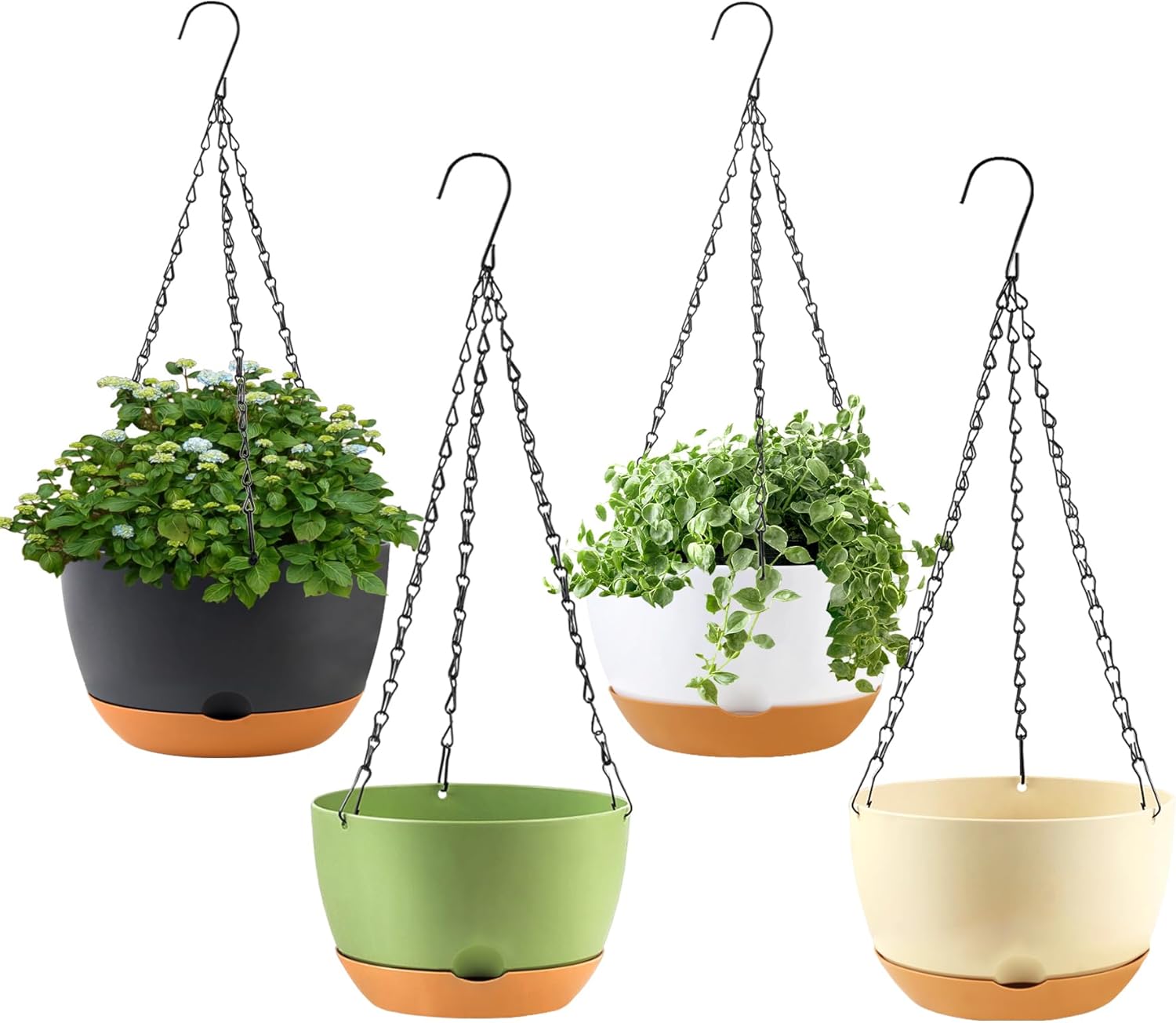 KPUVX 4 Pack Hanging Planter for Plants Indoor,8 Inch Plant Pot Outdoor Plastic Hanging Baskets with Drainage Holes and Chain for Garden Porch Plants(White+Black+Green+Beige)