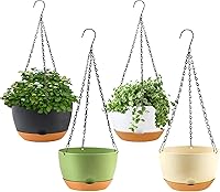 KPUVX 4-Pack 8-Inch Self-Watering Hanging Planters Indoor Outdoor - Plastic Baskets with Drainage Holes, Chains, Modern Colors (White+Black+Green+Beige)